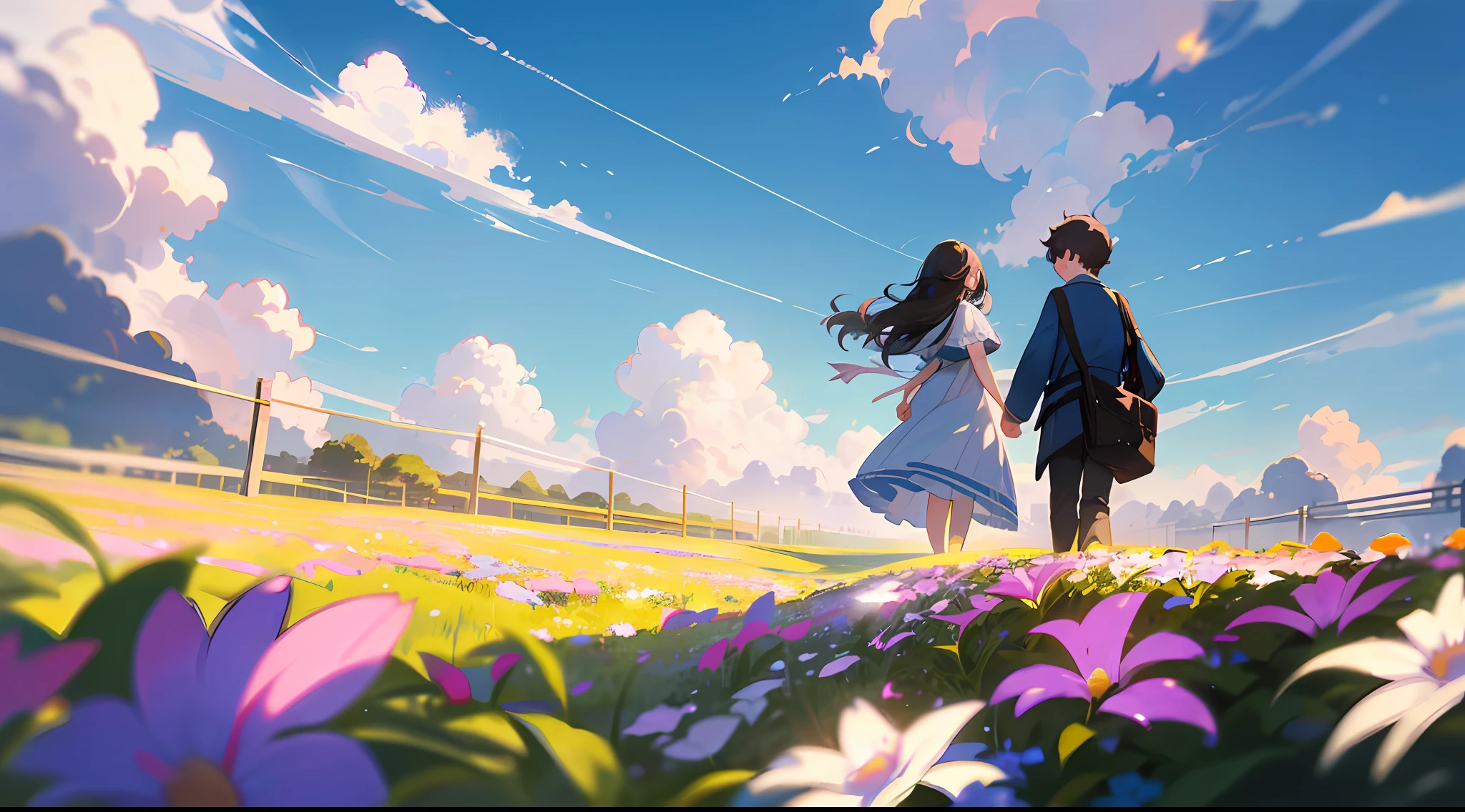 Vista, Panorama, Full Body Shot, Full Body Portrait, Perspective, Depth of Field, Cinematic Angle, Masterpiece, Best Quality, Ultra Detail, CG, 8K Wallpaper, Beautiful Face, Delicate Eyes, A Boy and a Girl, Laughter, Walking on the Way to School, Blue Sky and White Clouds, Flowers