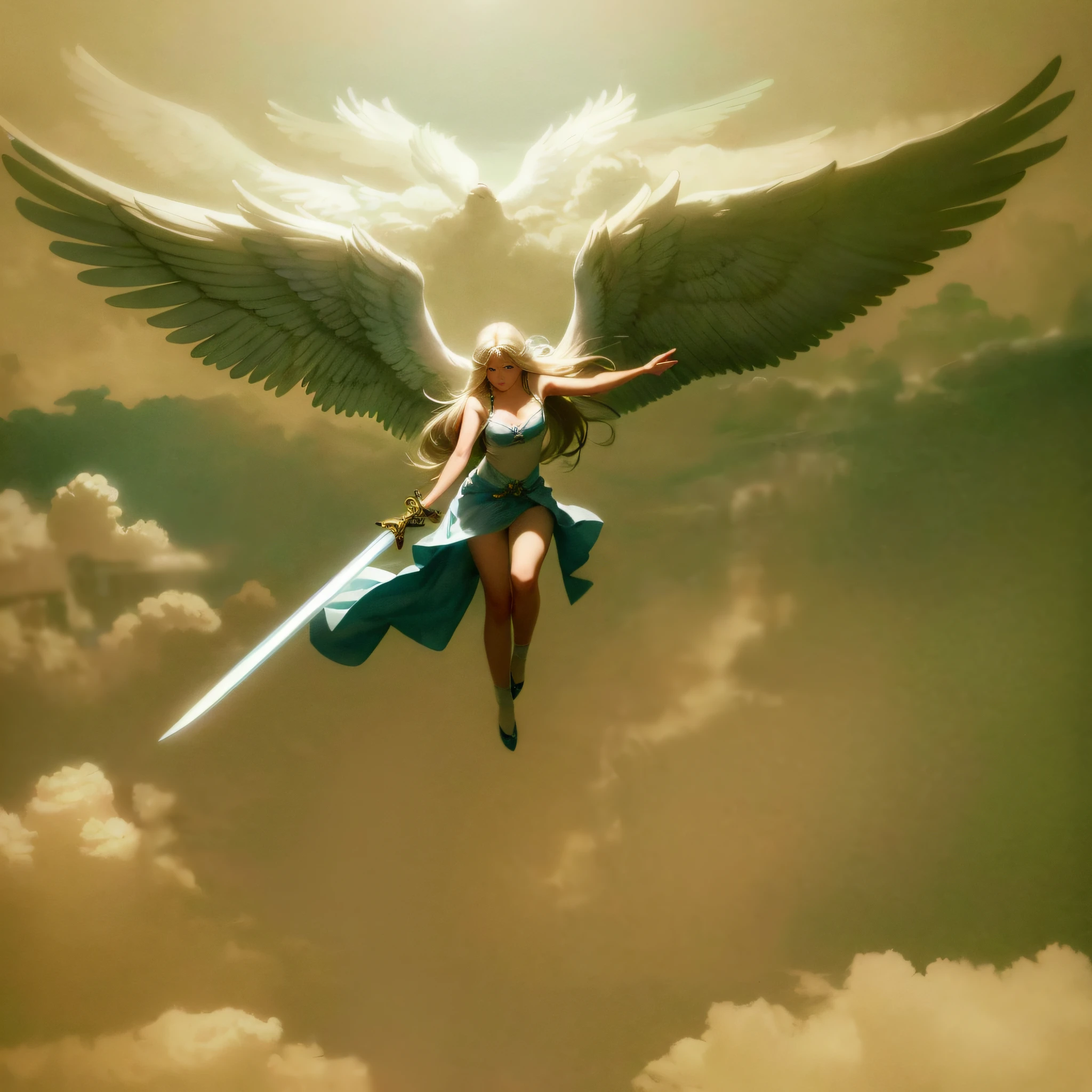 An angel girl flying in the air, with a beautiful and moving face, a pair of white wings and white long hair, wearing white clothes, floating in the air, like a Western goddess, holding a long sword in her hand, the scenery behind her is clouds, and there is a ray of light in the sky on the angel girl
