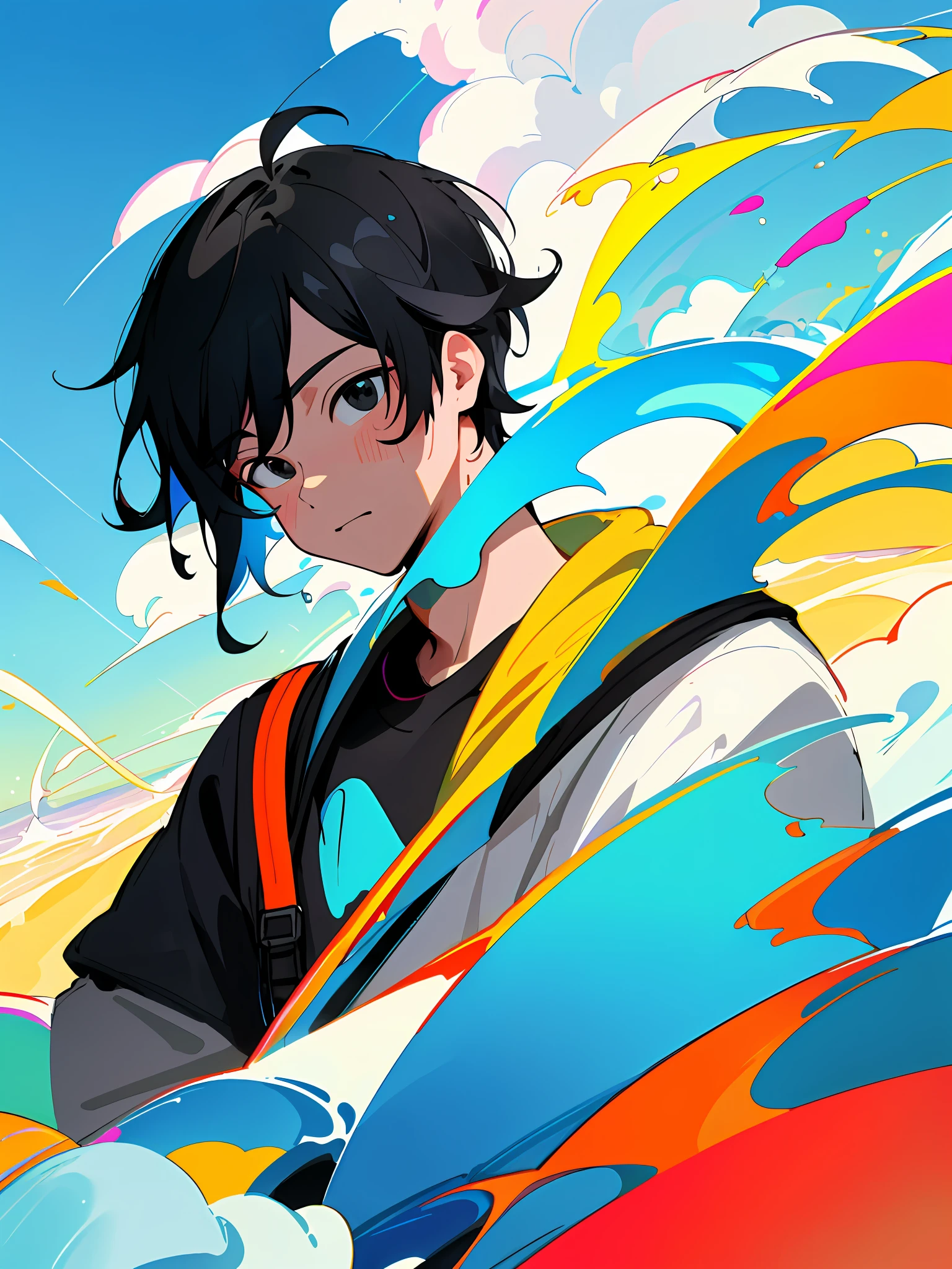 Making illustration poster, flat illustration, colorful, highly saturated, contour light, warm and bright, colorful, HD 8K, colored light particles, heterochromatic, a boy, upper body, clear face, black hair, black eyes, by the sea, blue sky, white clouds, (color: 1.5) , --v6
