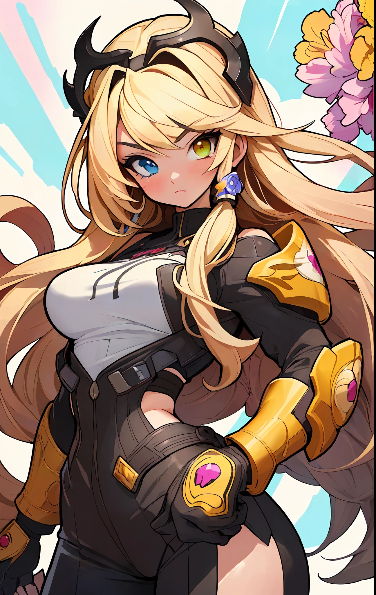((((espetacular))) ((heróico)) (((intenso))),background, misto-language_text, letras japonesas em graffit ,garotas, excelente iluminação, sidelighting, (), vhsKeeper,, estilo GUILTY GEAR -STRIVE perfeito ultimate (cor plana: 1.3), (magazine_cover: 1.4), (multicolored_background: 1.3), striped_background, card_background, :: estilo comix por joe madureira :: peças circulares de metais brancas coladas nos braços saindo brilho amarelo cintilante,beautiful woman with long hair ultra detailed, (beautiful and clear background:1.2),, fantastic paintings ,graffit style, flowers, olhos altamente detalhados , a t-shirt or dressed in a white blouse underneath, with both fists in a fighting position, and bracelets, fighting against an enemy, with long black hair , stained glass colored, out, vibrant, alphonse mucha style, fantastic paintings by joe madureira ,high quality, art,kelly brook beautiful woman with long blonde hair , freedom, soul, digital illustration, comic style, perfect anatomy, centered, approaching perfection, dynamic, highly detailed, watercolor painting, artstation, concept art, smooth, sharp focus, illustration, art by carne griffiths and wadim kashin,big breast,alone anime girl with a medium lenght pose and cute clothes, short pastel blonde hair , heterochromia, perfect anatomy