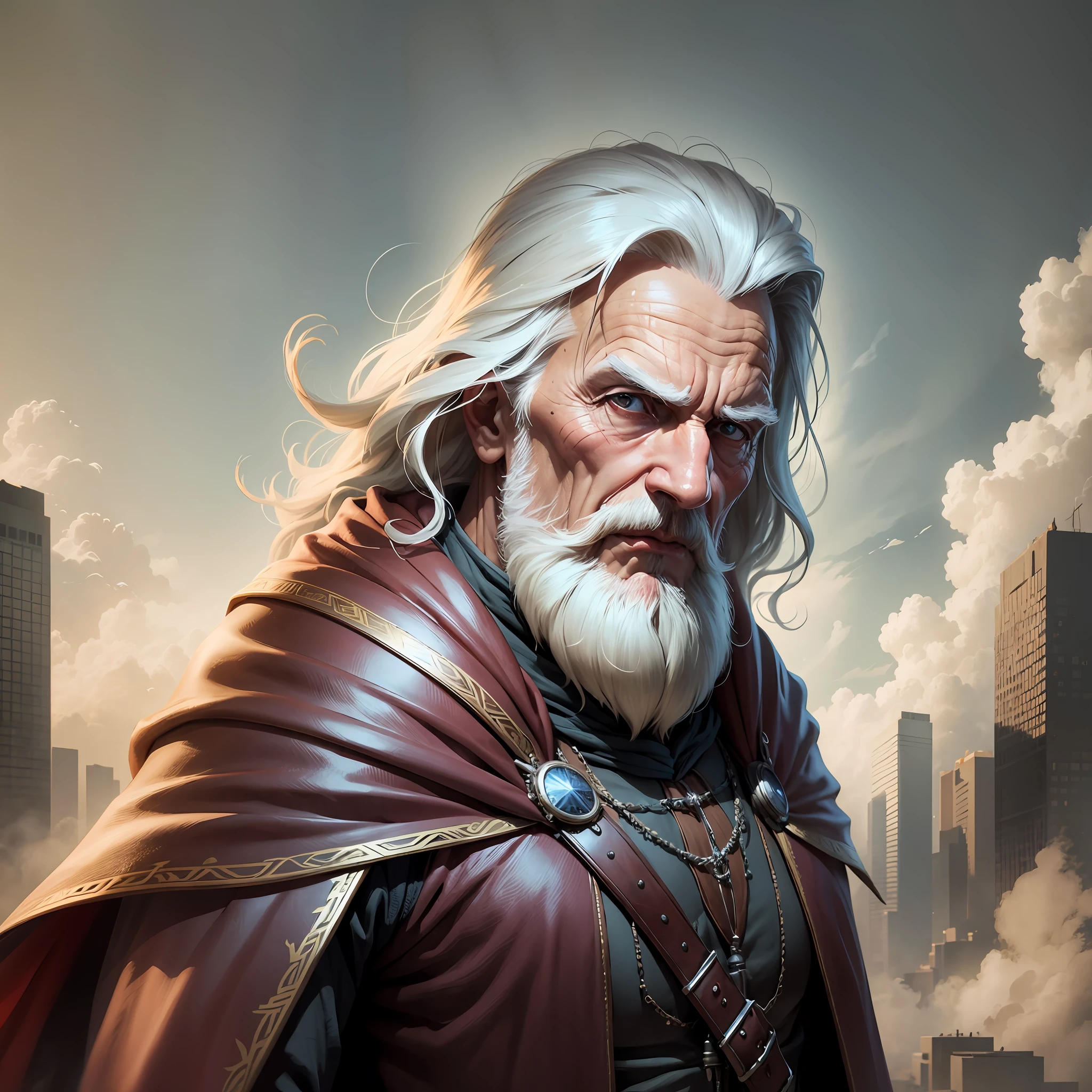 Create an old, wise, mysterious man with a cape. Realistic image, cinematic, 8k --auto --s2