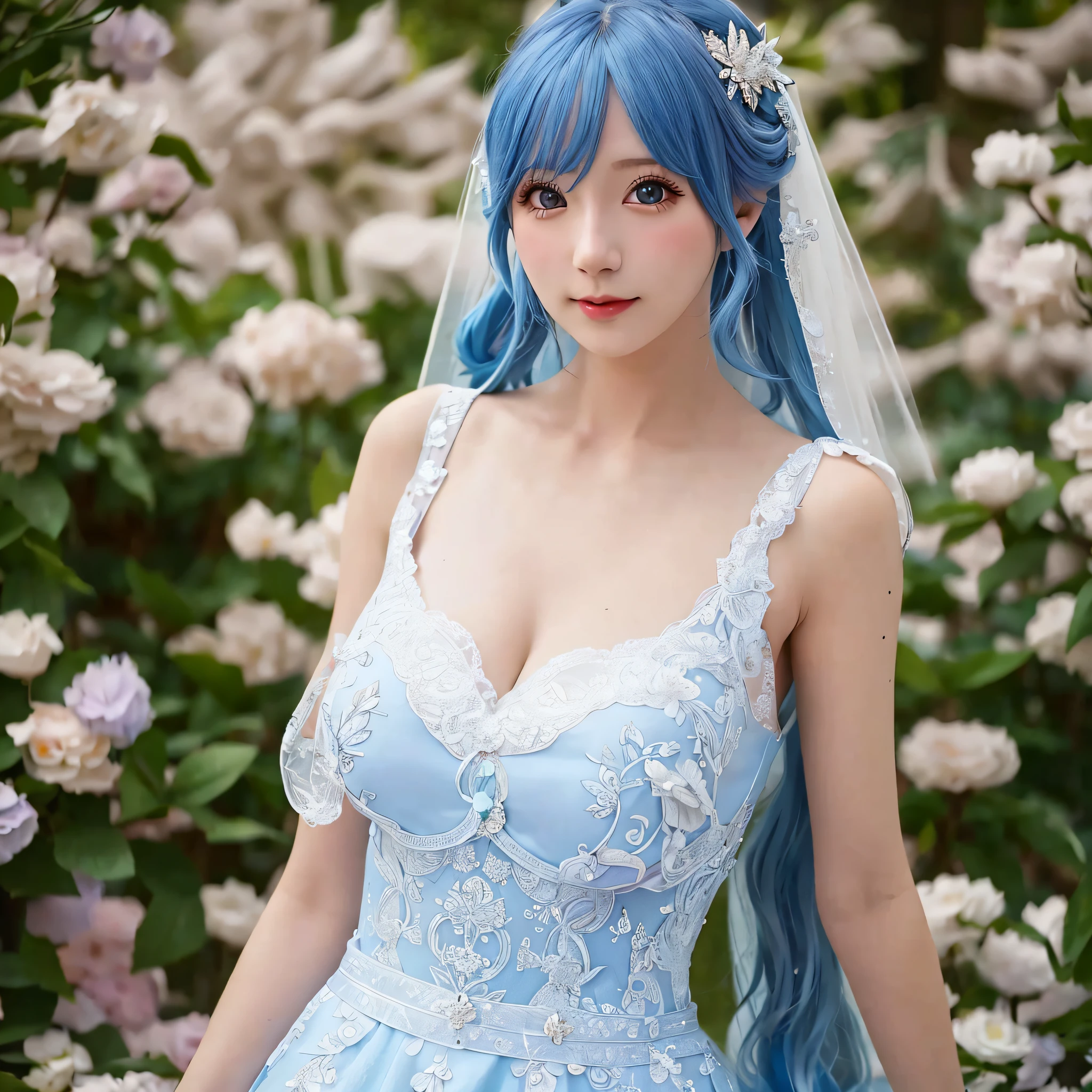 Close-up of a blue-haired woman in a wedding dress, anime girl cosplay, anime cosplay, anime girl in real life, elegant and charming cosplay, cosplay, cosplay photos, professional cosplay, realistic cosplay, cosplayer, fantasy dress, beautiful blue-haired girl, high quality costume, cute anime waifu wearing beautiful dress, anime princess, beautiful anime woman, meticulous eyes, delicate skin