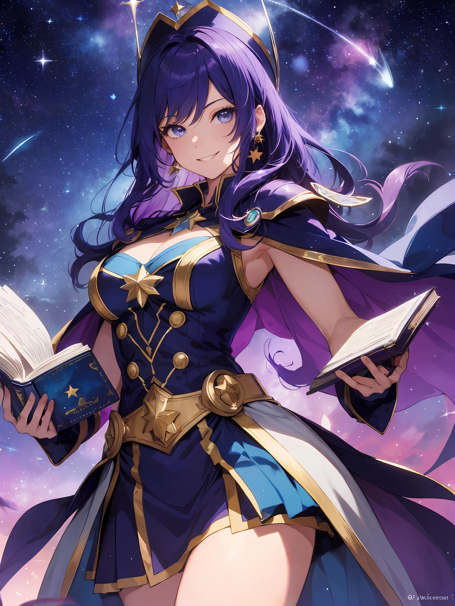 a super heroine with a heroic pose, HD, (Smiling), (Design of her costume related to the stars), (design of her cape with stars), starry sky in the background, Artwork, Magestuous, Beautiful, (purple and blue hair), long hair, ((Design of her costume inspired by a magician)), ((Magician hat on her head)), (((holding a book in her right hand))),  (((casting a spell with his left hand))), cosmic power