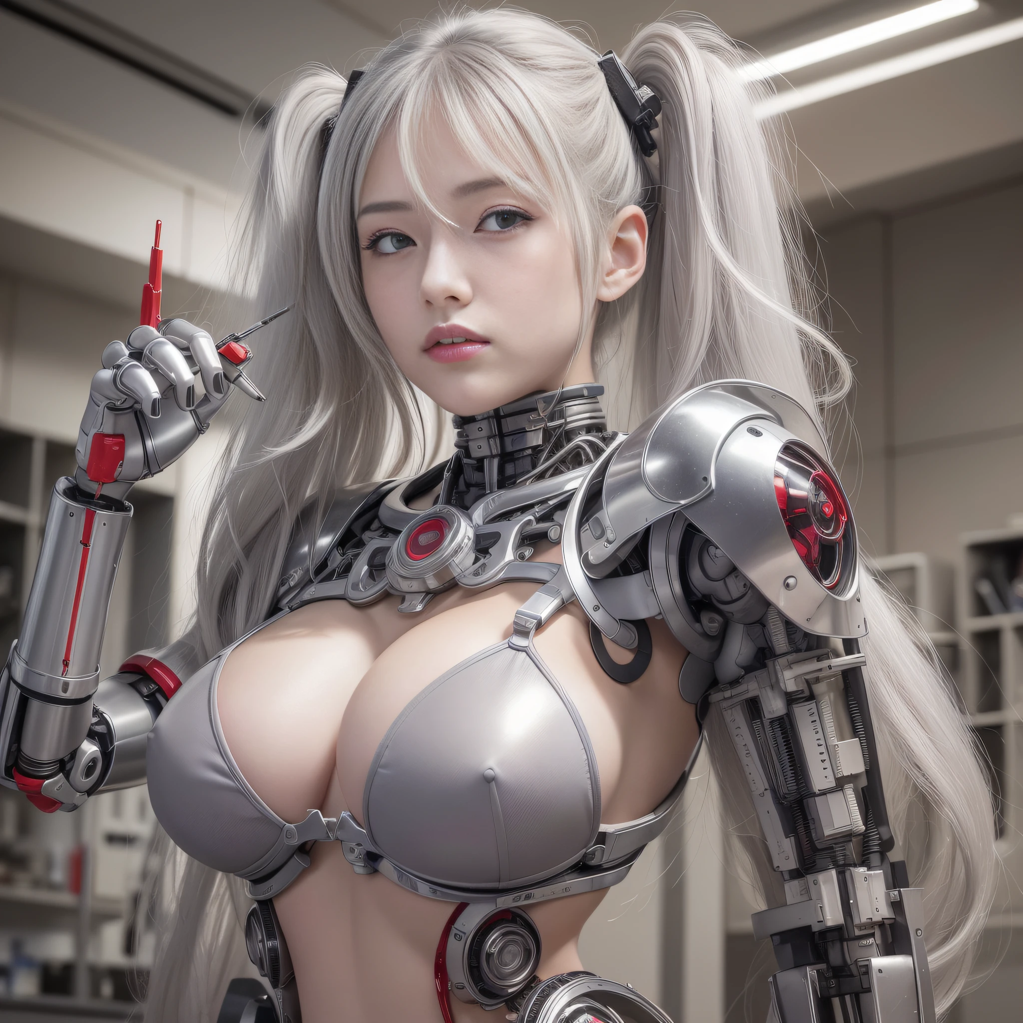 Beautiful Face,Face is Japan, 1 Woman, Big, Curvaceous, (8k, RAW Photo, Best Quality, Masterpiece: 1.2), (HDR, Realistic, Photorealistic: 1.37) (Blood vessel attached to tube), (Bikini Cyborg Robot Parts)))), (Light Grey Hair), Long Hair, Wavy Hair, Twin Tails, Medium Shot, ( Seductive smile)), (black eyes), princess cut,from below,(whole body),posing,,inside the lab,( blood vessel connected to a tube),((mechanical vertebrae attached to the back)),((mechanical neck attached to the neck)),(wire cable attached to the head and body),(character focus),science fiction,perfect female figure,perfect anatomy,ultraanatomy, Full body shot,