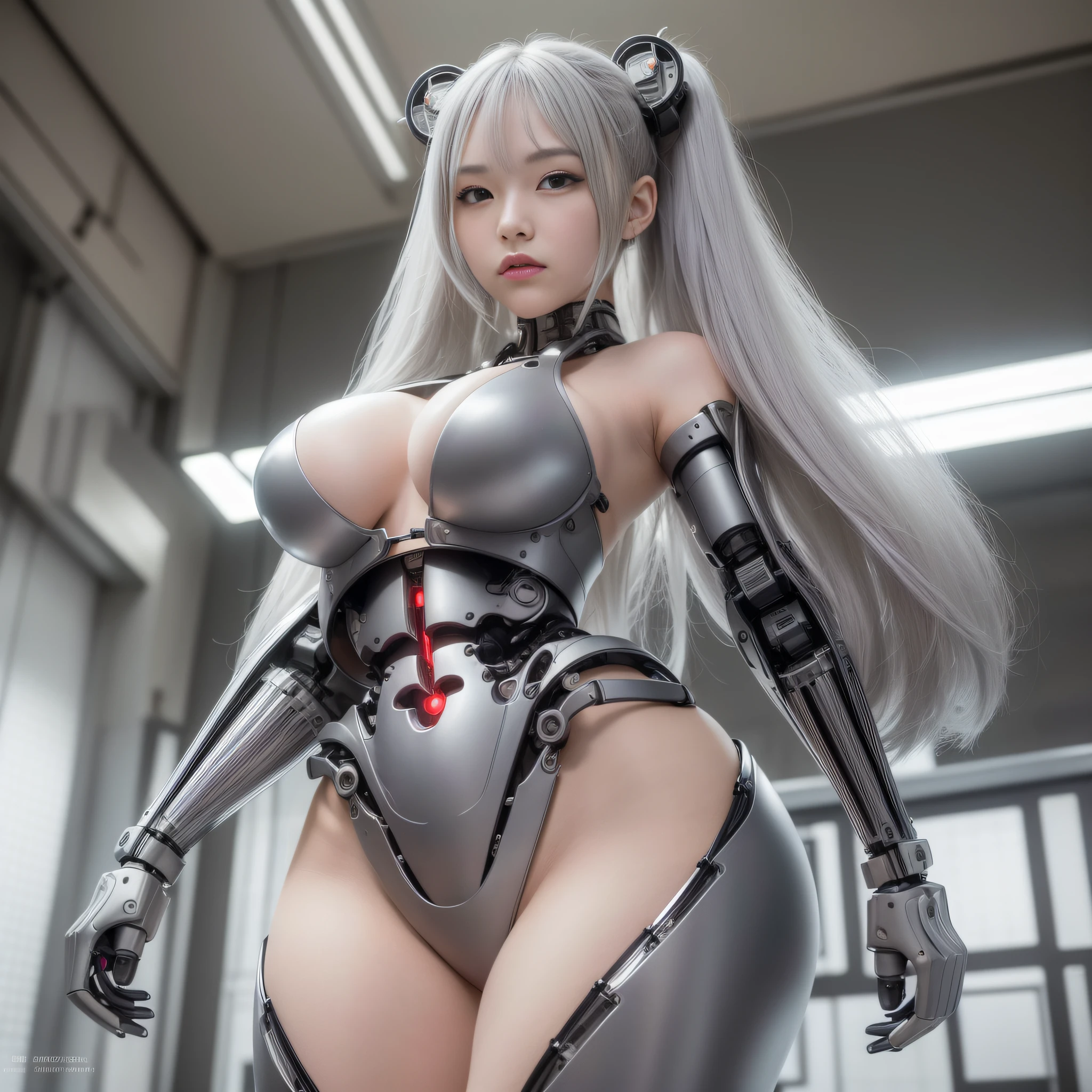 Beautiful Face,Face is Japan, 1 Woman, Big, Curvaceous, (8k, RAW Photo, Best Quality, Masterpiece: 1.2), (HDR, Realistic, Photorealistic: 1.37) (Blood vessel attached to tube), (Bikini Cyborg Robot Parts)))), (Light Grey Hair), Long Hair, Wavy Hair, Twin Tails, Medium Shot, ( Seductive smile)), (black eyes), princess cut,from below,(whole body),posing,,inside the lab,( blood vessel connected to a tube),((mechanical vertebrae attached to the back)),((mechanical neck attached to the neck)),(wire cable attached to the head and body),(character focus),science fiction,perfect female figure,perfect anatomy,ultraanatomy, Full body shot,