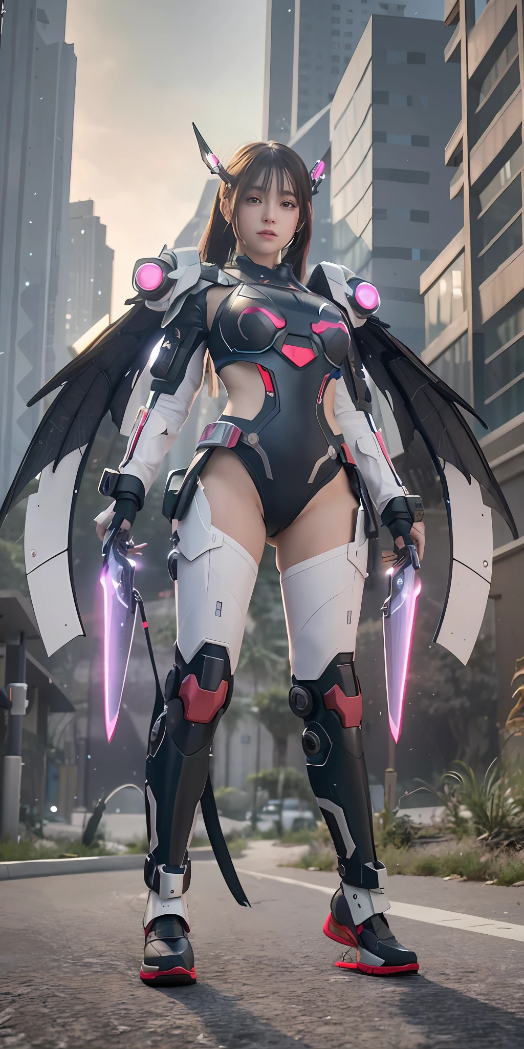 ((Best Quality)), ((Masterpiece)), (High Definition:1.3), 3D, Beautiful, (Cyberpunk:1.2), Universe, Nebula, holding_weapon, (1 Female Mech:1.3), Facing the Viewer, Glowing Eyes, Full Body, (Fly, Swoop, Dynamic, Motion Blur: 1.4), (Giant Mech Wings: 1.6), Look Up, glowing_eyes, Mech, Panorama, Backgrounds Earth, Nebula, Space, Particles, Reality, HDR (High Dynamic Range), Ray Tracing, NVIDIA RTX, Super Resolution, Unreal 5, Subsurface Scattering, PBR Texturing, Post-Processing, Anisotropic Filtering, Depth of Field, Maximum Clarity and Clarity, Multi-Layer Textures, Albedo and Specular Maps, Surface Shading, Accurate simulation of light-material interaction, Perfect proportions, Octane Render, Two-tone lighting, Large aperture, Low ISO, White Balance, Rule of thirds, 8K RAW, Efficient Subpixel, Subpixel Convolution,Beautiful girl, thick eyebrows, big eyes, double, big mouth, thick lips, showing teeth and smiling