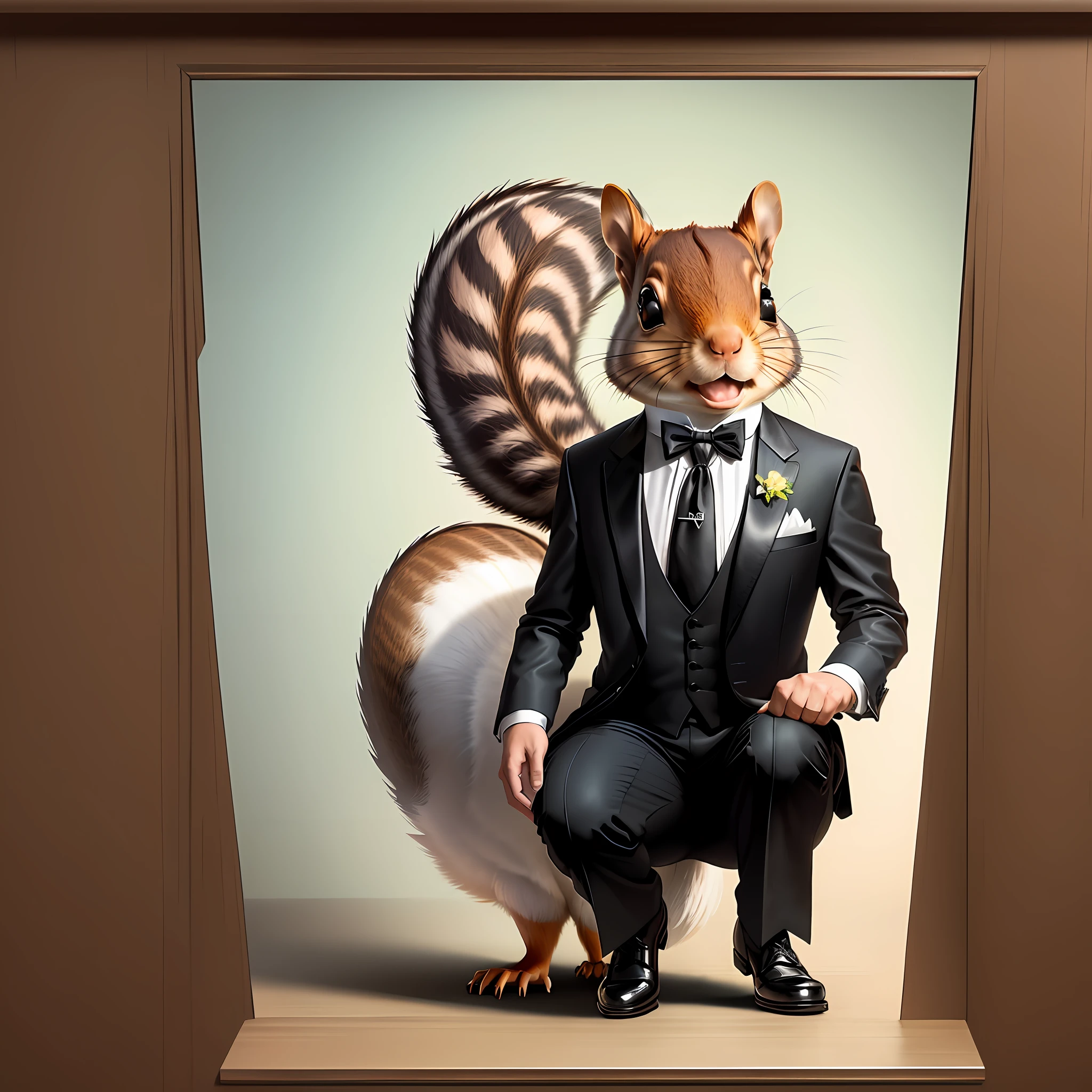 Squirrel wearing a tuxedo, concept art, line art, 4k, in the style of Norman Rockwell