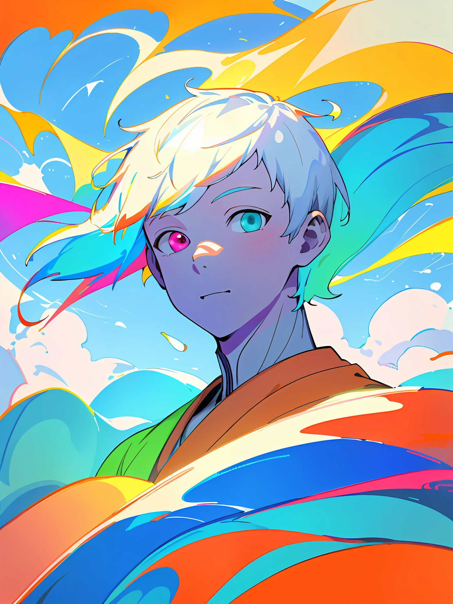 Making illustration poster, flat illustration, colorful, highly saturated, contour light, warm bright, colorful, HD 8K, colored light particles, heterochromatic, a boy, upper body, clear face, by the sea, blue sky, white clouds, (color: 1.5) , --v6