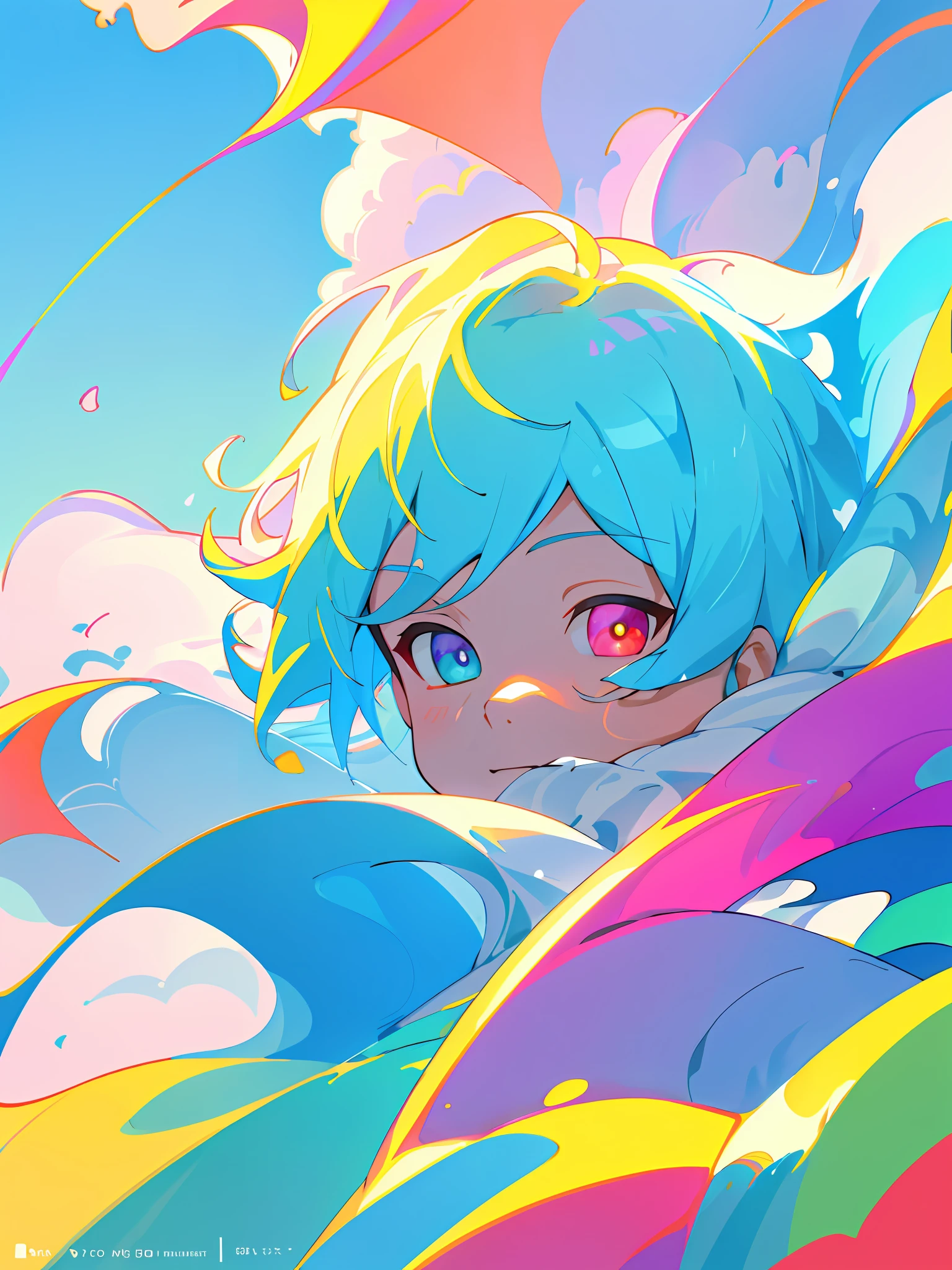 Making illustration poster, flat illustration, colorful, highly saturated, contour light, warm bright, colorful, HD 8K, colored light particles, heterochromatic, a boy, upper body, clear face, by the sea, blue sky, white clouds, (color: 1.5) , --v6