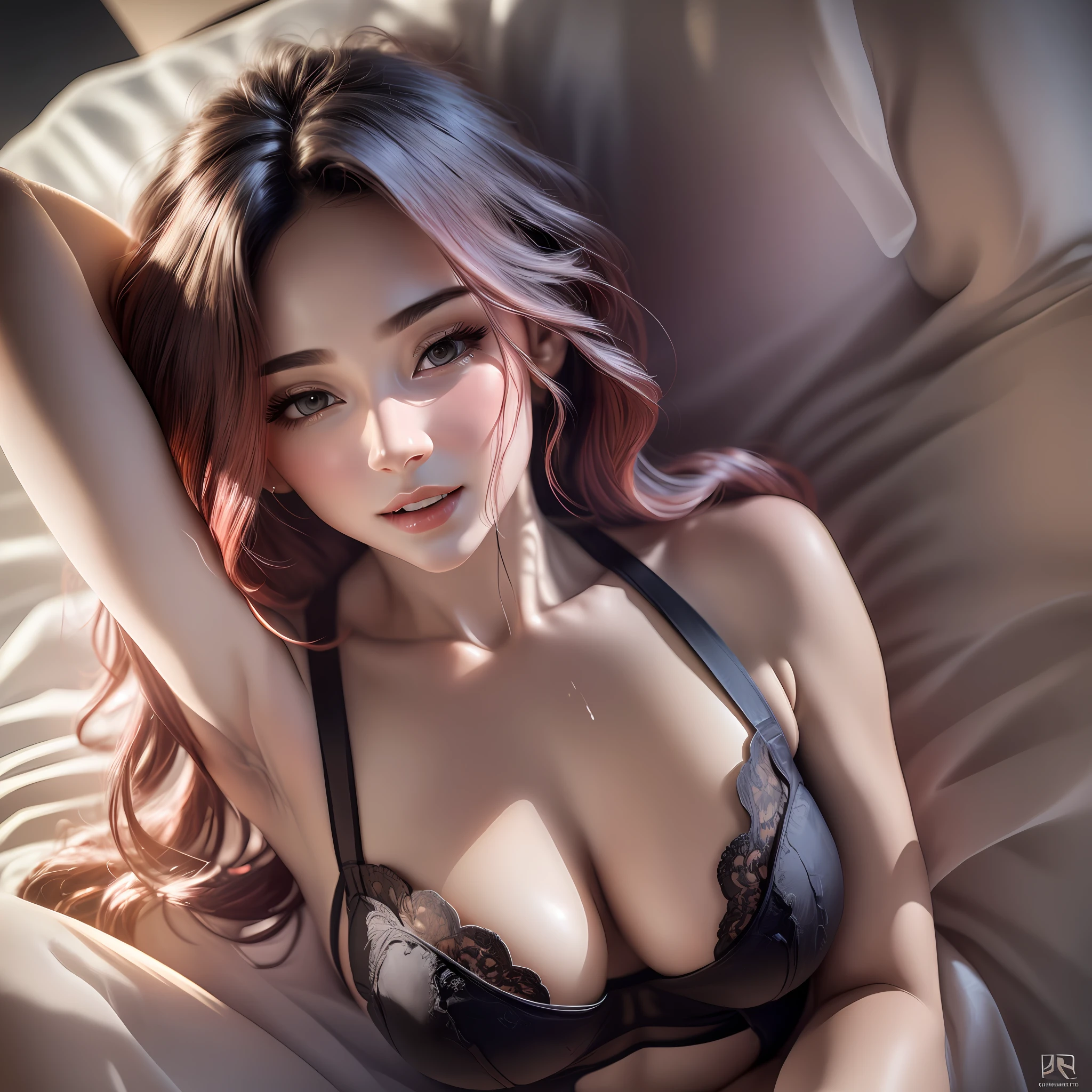 Beautiful sexy woman ((sexy pose)) in bed ((low-cut lingerie)) transparent sexy ((sweaty)) wet semi naked thigh greasy (((yummy)) (seuper realistic) (well detailed) ((high resolution))