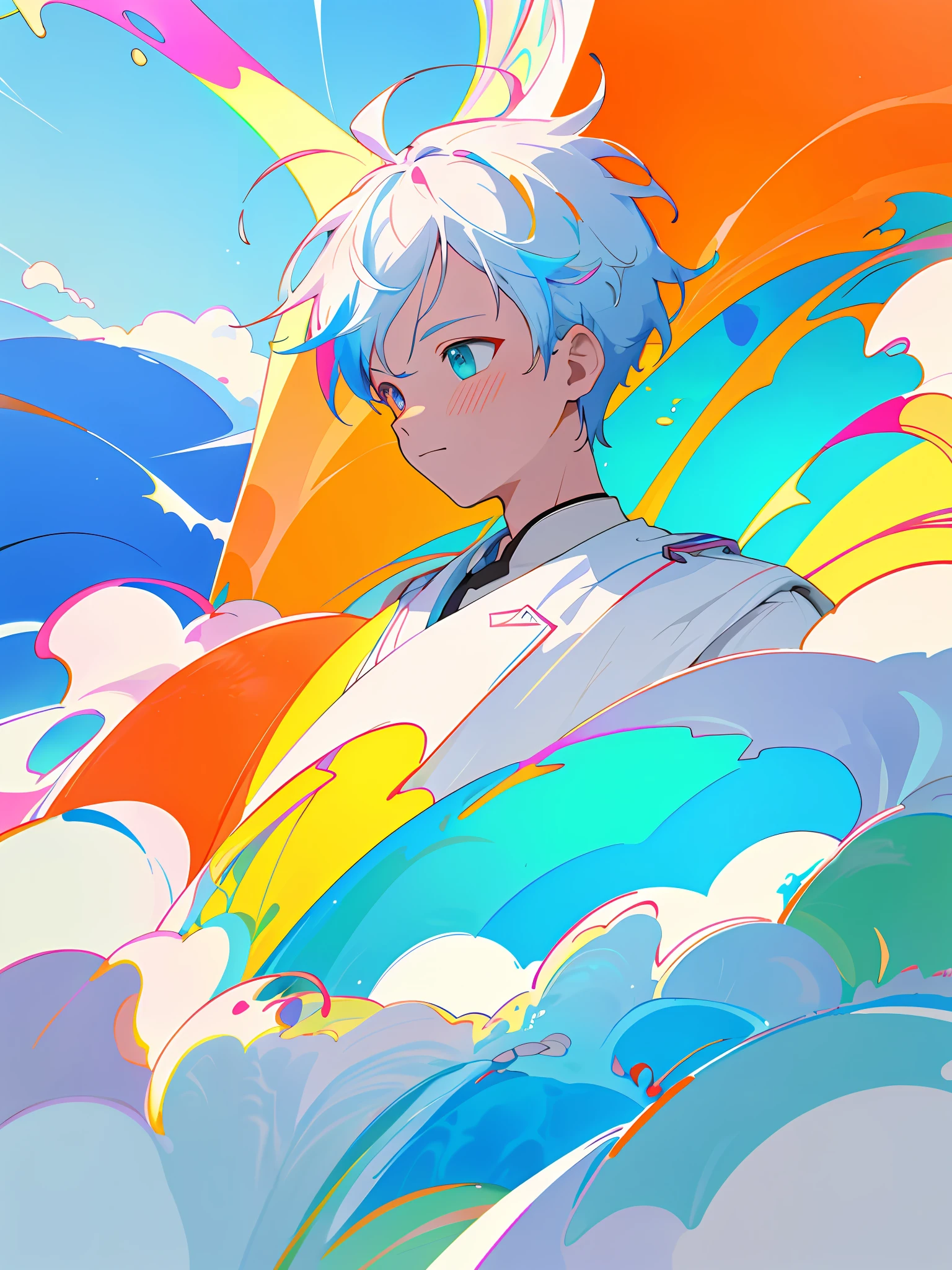 Making illustration poster, flat illustration, colorful, highly saturated, contour light, warm bright, colorful, HD 8K, colored light particles, heterochromatic, a boy, upper body, clear face, by the sea, blue sky, white clouds, (color: 1.5) , --v6
