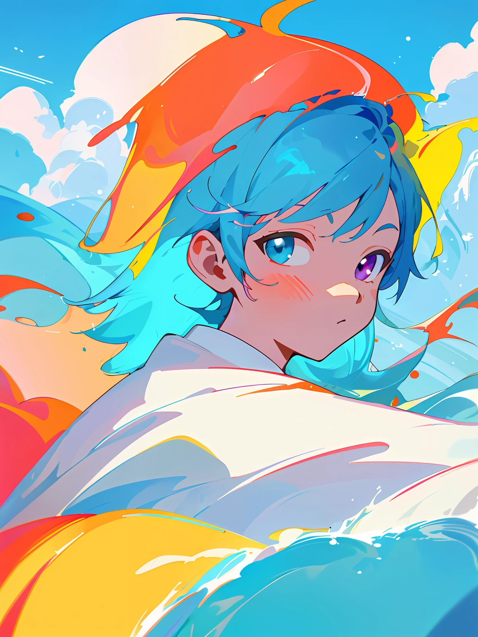 Making illustration poster, flat illustration, colorful, highly saturated, contour light, warm bright, colorful, HD 8K, colored light particles, heterochromatic, a boy, upper body, clear face, by the sea, blue sky, white clouds, (color: 1.5) , --v6