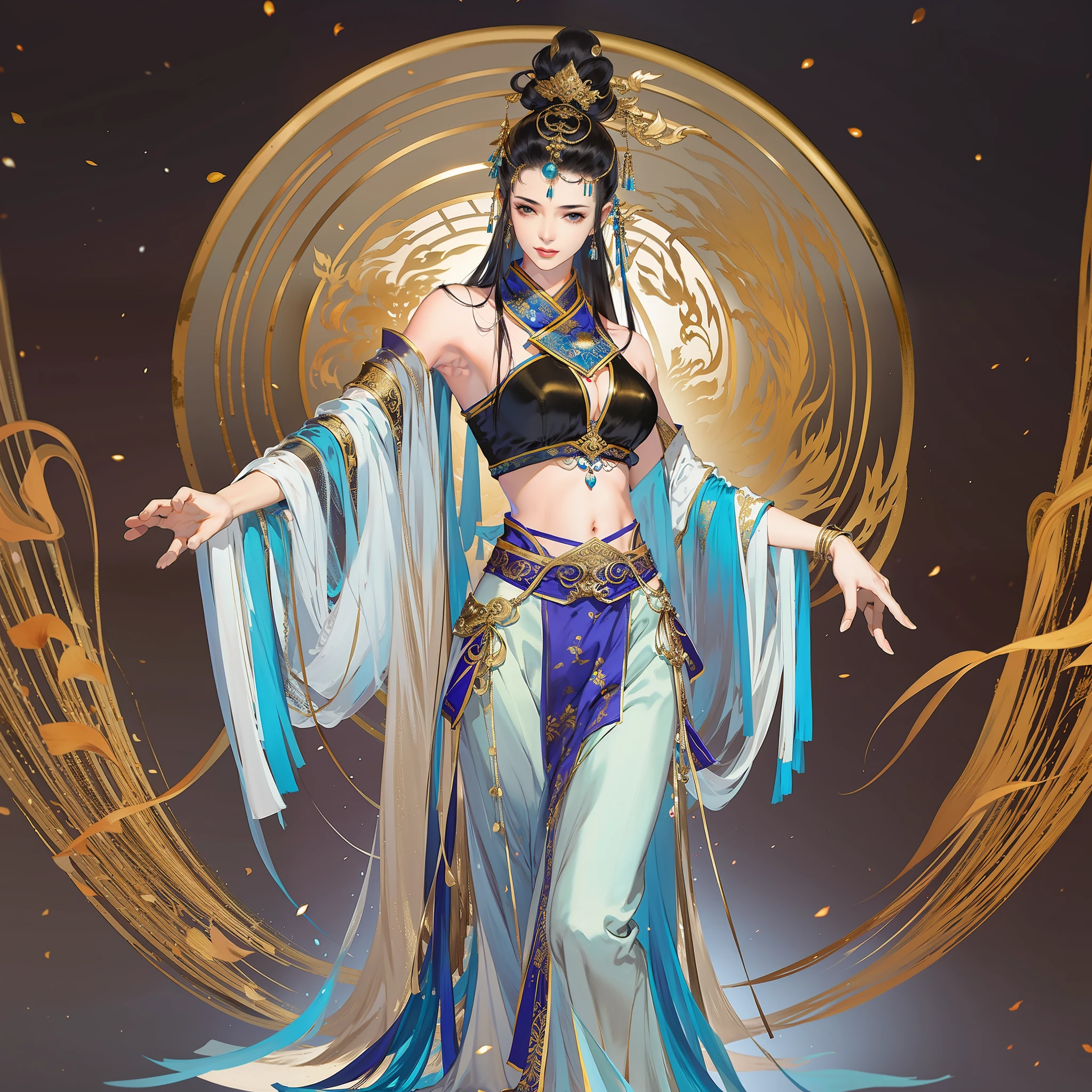 An ancient Chinese girl wearing an Indian dress, full body portrait with exposed shoulders and navel, exotic, 3d model, dancing, amazing facial features, game model, stunning lighting, C4D, OC renderer, pure black background, movie edge light, fine light, masterpiece, super detail, epic composition, super high-definition, high quality, highest quality, 32k