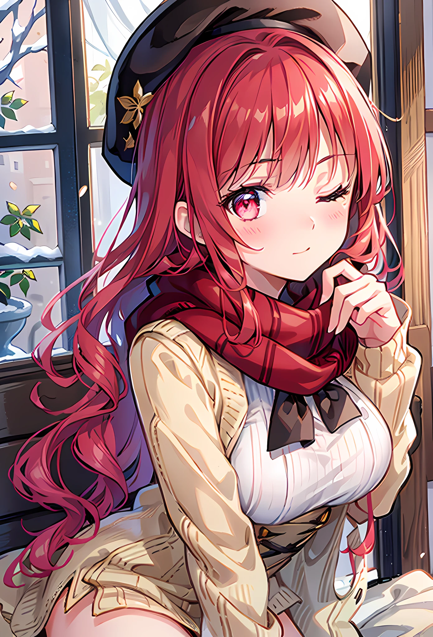 {{{{masterpiece, realistic, extremely detailed, intricate details, sharp focus, 8K, highres, depth of field, absurdres, high quality facial shadowing, dynamic shadowing, cinematic lighting, perfect lighting}}}}, best quality, asian qualities, {facing viewer}, {front view}, {hands behind back}, {solo}, beautiful young girl, {{{extremely detailed girl, perfect anatomy, perfect body, {glowing skin}}}}, {{{beautiful-detailed vibrant ruby red angle halo}}}, {{{beautiful-detailed luscious hip-length vibrant dark brown to ruby red hair}}}, {{{luscious multi-layered hair}}}, {beautiful-detailed facial structure}, {detailed beautiful face}, {detailed face:1.33}, {{cute face}}, {{sexy face}}, {{beautiful-detailed eyes}}, big eyes, {{{{detailed glowing ruby red eyes}}}}, {{{{high-detailed sharp clear unclouded vibrant white eye pupils}}}}, {{{{vibrant eye colors}}}}, {{detailed small boobs}}, {{breast apart}}, {{slim arms}}, {{{{beautiful-detailed fingers}}}}, {{slim waist}}, {{slim legs}}, {detailed facial expressions}, {{one eye closed}}, {{visible blushing}}, {{cheerful expression}}, {{love expression}}, {{slightly opened mouth}}, fashion, dating outfit, {{{beautiful-detailed dark-brown beret}}}, {{vibrant-colored scarf}}, {{{beautiful-detailed blood red scarf}}}, {{{beautiful-detailed fluffy beige knitted cashmere sweater}}}, {{{beautiful-detailed red and brown checkered scarf}}}, {{{{beautiful-detailed white knee-warmer socks}}}}, {{{detailed dark-brown fluffy boots}}}, {{sitting on a bench next to a window on a snowy evening}}, {{{enhanced background}}}, {{moonlight shining through the window on a cold dark night}}