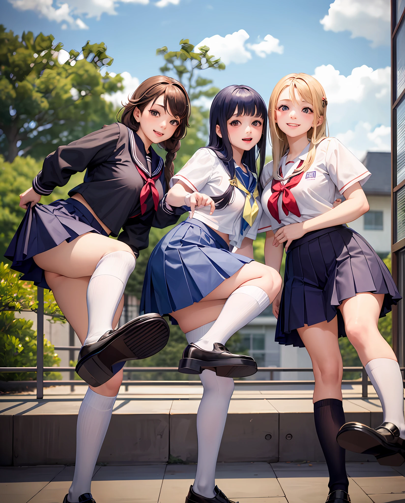 three girls in school uniforms posing for a picture, seifuku, japanese school uniform, wearing japanese school uniform, wearing school uniform, japanese girl school uniform, japanese high school, jk uniform, wearing a school uniform, high school girls, two japanese schoolgirls posing, wearing skirt and high socks, kantai collection style, trending on cgstation, young gravure idol