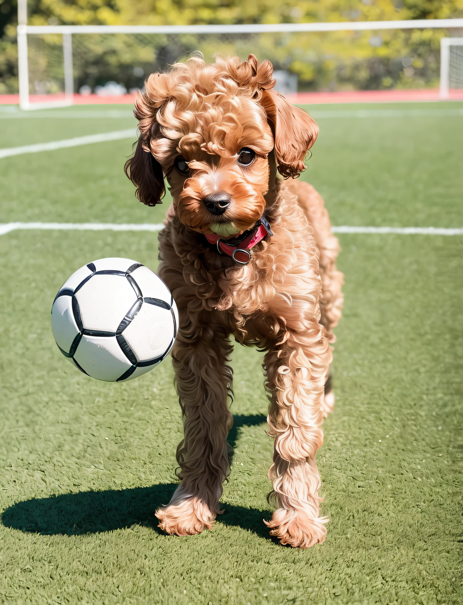 On the soccer field, playing ball, brown toy poodle, small dog, small puppy, sad, faceless, dropped corners of mouth, standing posture, 8k, professional photo, delicate, clear, sunny, light leak, masterpiece, ((cute))), (realistic))))