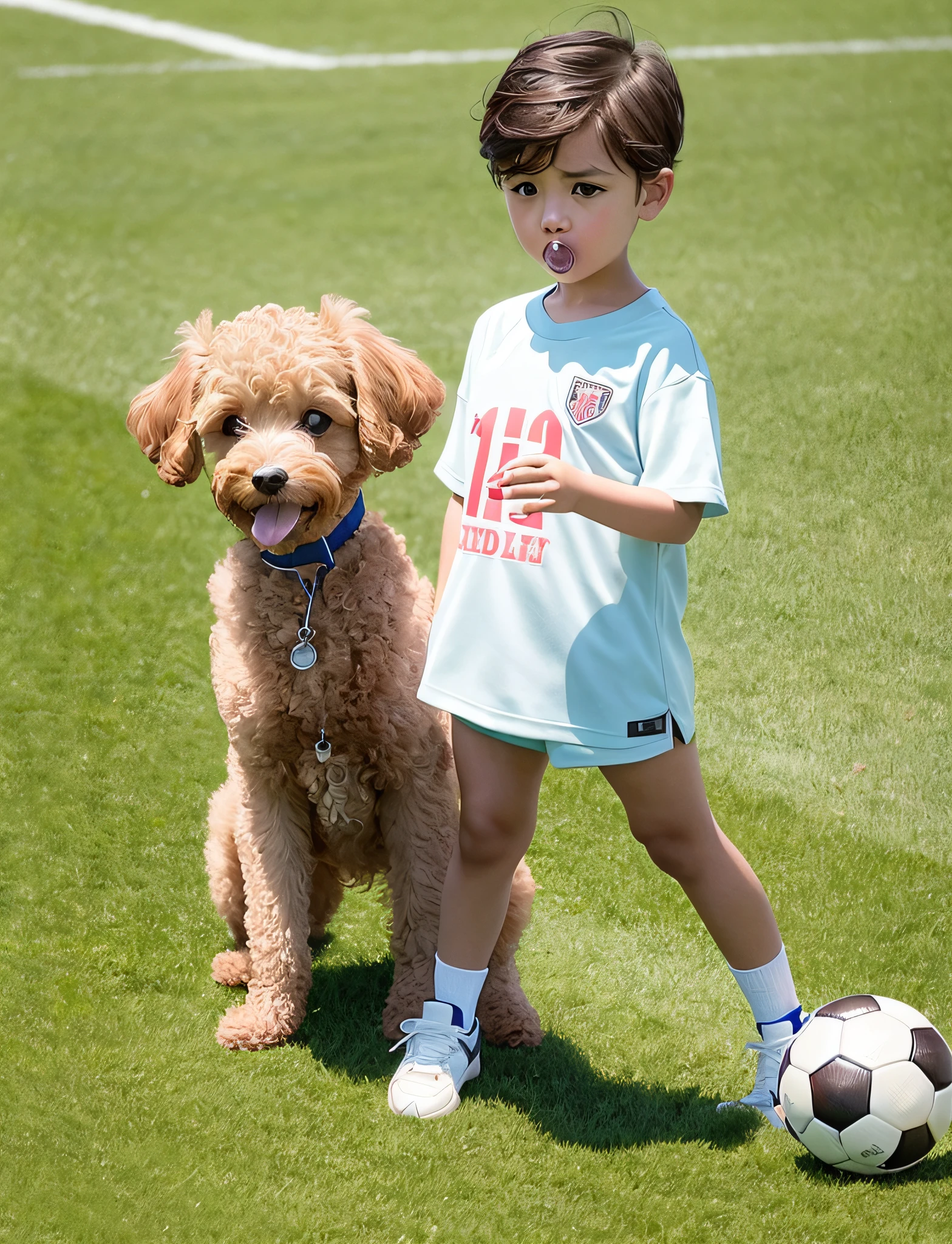 On the soccer field, playing ball, brown toy poodle, small dog, small puppy, sad, faceless, dropped corners of mouth, standing posture, 8k, professional photo, delicate, clear, sunny, light leak, masterpiece, ((cute))), (realistic))))