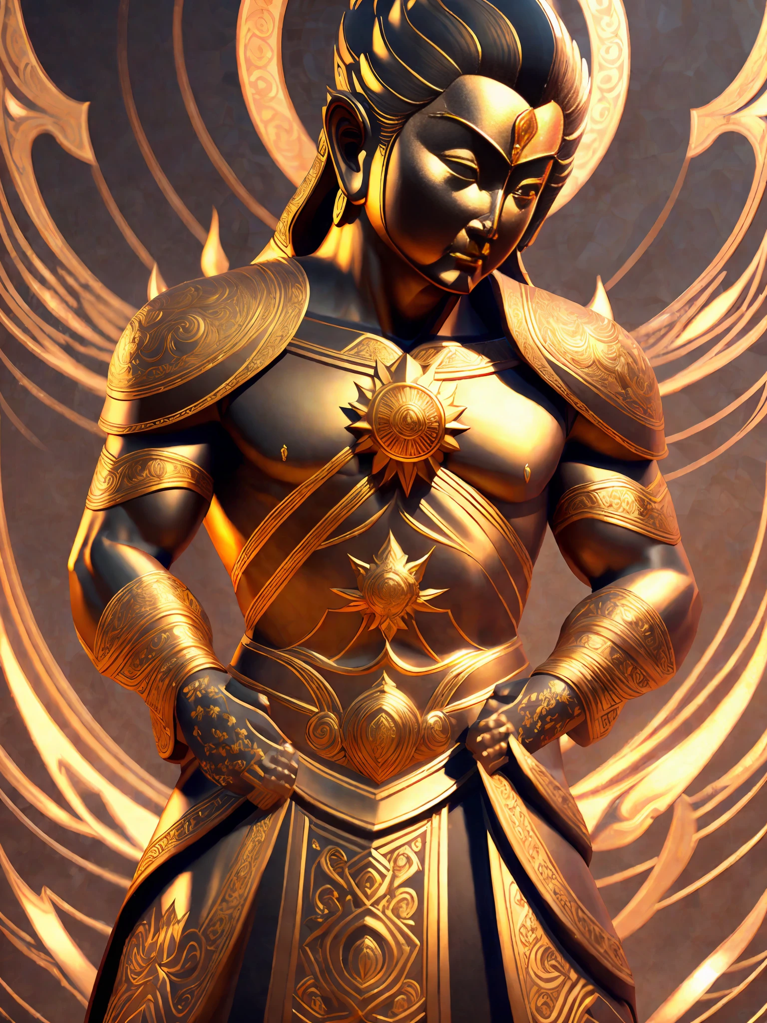 a Disney character standing in front of golden glowing buddha, showing his arms, playstation 5 screenshot, chinese painting, close-up intensity, fenghua zhong, kazuki takamatsu, yeong-hao han, god rays, solarizing master, looking at the camera, 3d render,ZBrush, Octane Render, 8K, best quality --auto --s2