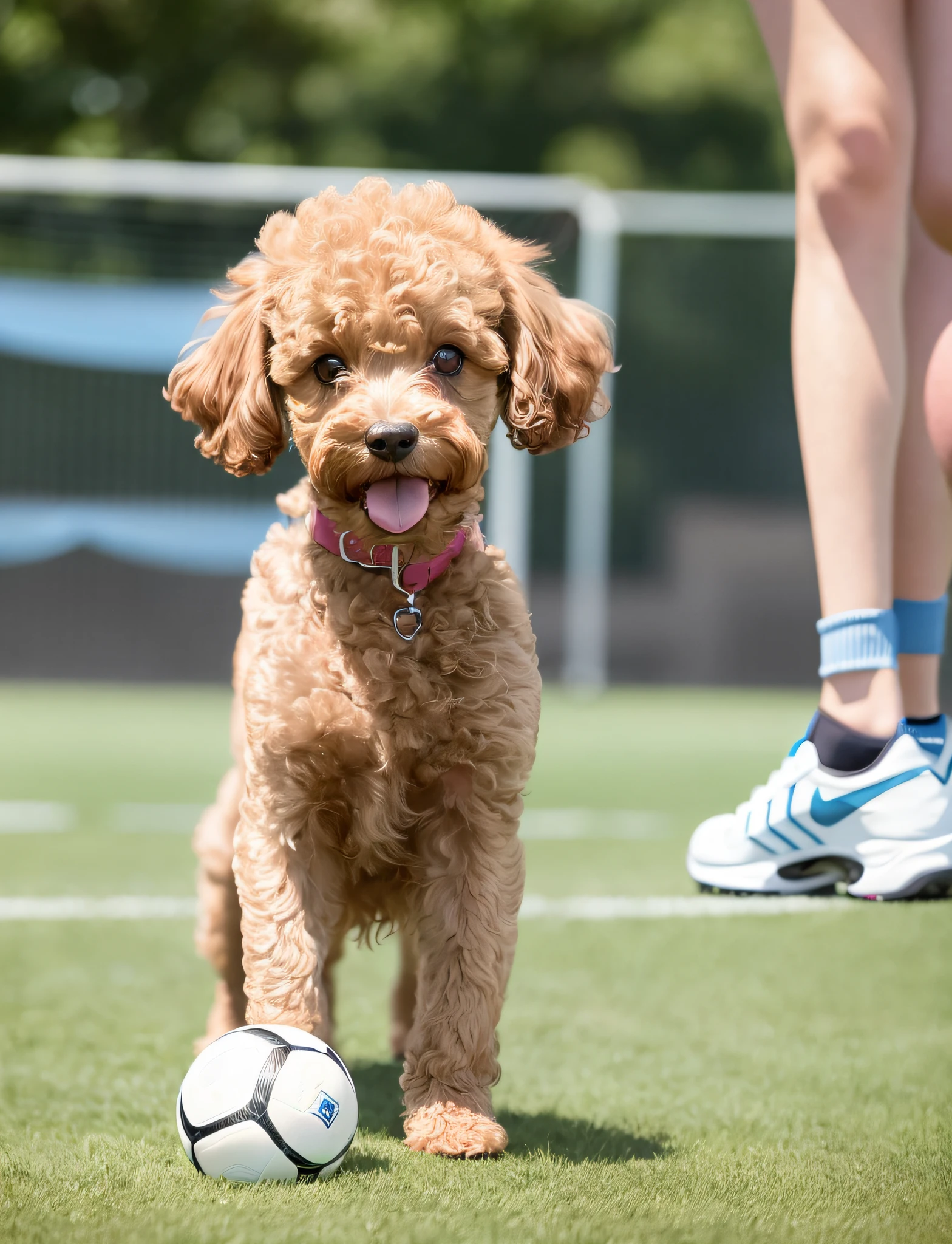 On the soccer field, playing ball, brown toy poodle, small dog, small puppy, sad, faceless, dropped corners of mouth, standing posture, 8k, professional photo, delicate, clear, sunny, light leak, masterpiece, ((cute))), (realistic))))