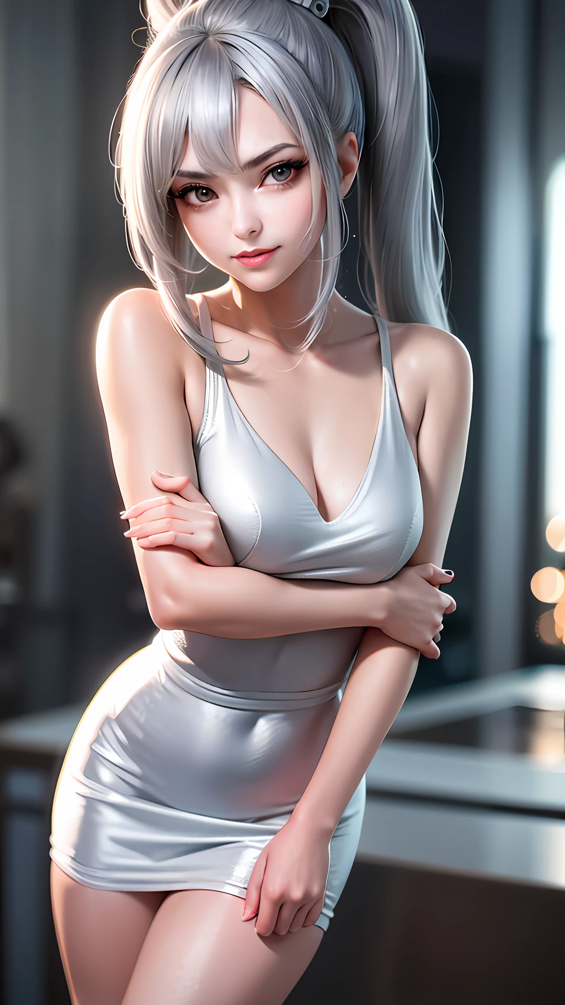 ((grey hair)), high ponytail,,heavy makeup, cute, technological sense,8k, best quality, masterpiece, illustration, an extremely delicate and beautiful, extremely detailed ,CG ,unity ,wallpaper, Amazing, finely detail, masterpiece,best quality,official art, extremely detailed CG unity 8k wallpaper,((smile)),tomboy,((Big eyes)),((perfect eyes)),highly detailed, sharp focus,rich background,loli, looking at viewer, ???????, blurry background, small ???????, bangs, ???? shoulders, white dress, dress, realistic, in the cyberpunk city, strong rim light, in summer,