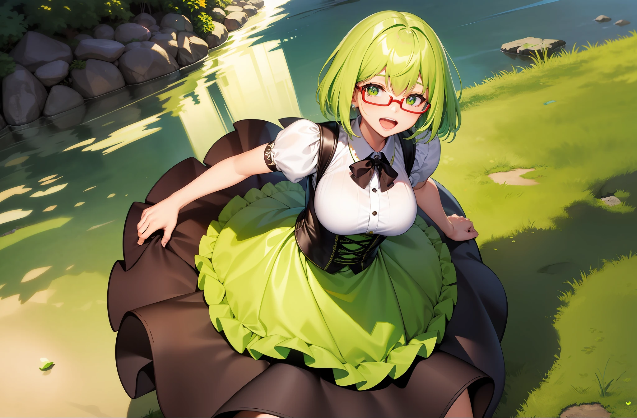 1 girl, masterpiece, best quality, photorealistic, 3D, shiny_skin, shiny_hair, dynamic angle, beautiful detailed glow, HDR, Rembrandt lighting, colorful refraction, lens flare, bloom, film Reflection, chromatic aberration, light diffusion, short hair, lime green hair, red under rim glasses, lime green dirndl dress, lime green german girl dress. german clothes, glass beer mug