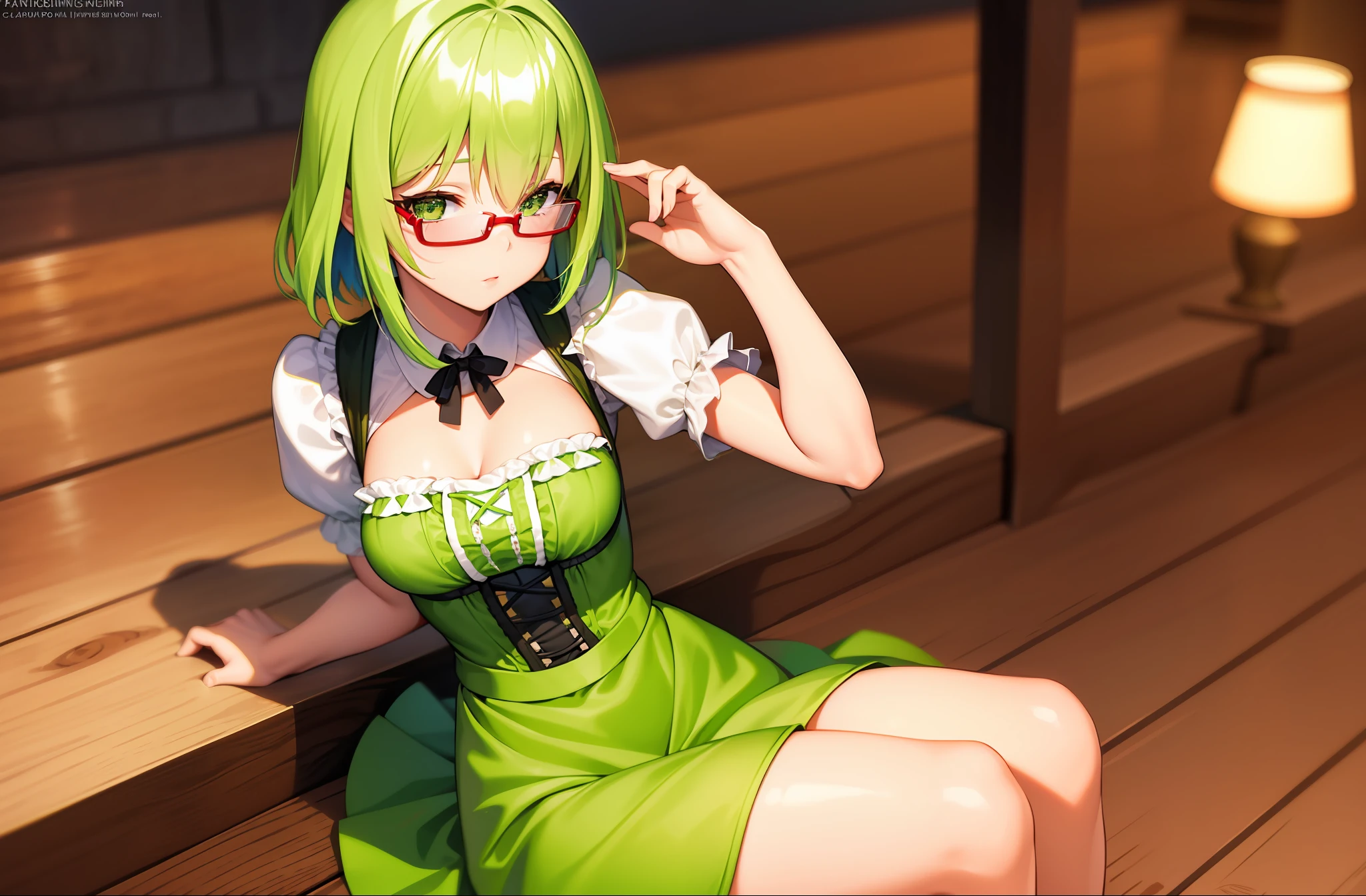 1 girl, masterpiece, best quality, photorealistic, 3D, shiny_skin, shiny_hair, dynamic angle, beautiful detailed glow, HDR, Rembrandt lighting, colorful refraction, lens flare, bloom, film Reflection, chromatic aberration, light diffusion, short hair, lime green hair, red under rim glasses, lime green dirndl dress, lime green german girl dress. german clothes, glass beer mug