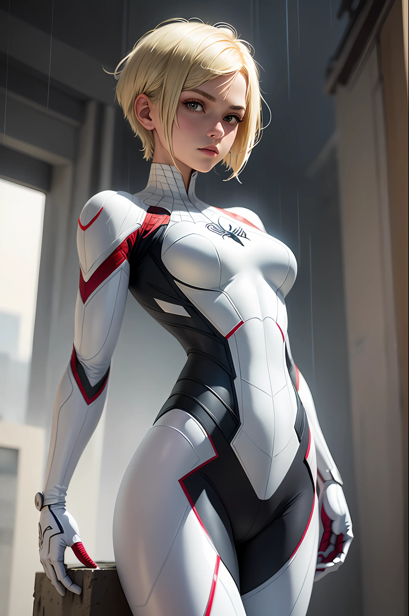 18 yo girl, white spider man suit, short blunt hair, blonde, beautiful face, rain, roof, masterpiece, intricate detail, perfect anatomy