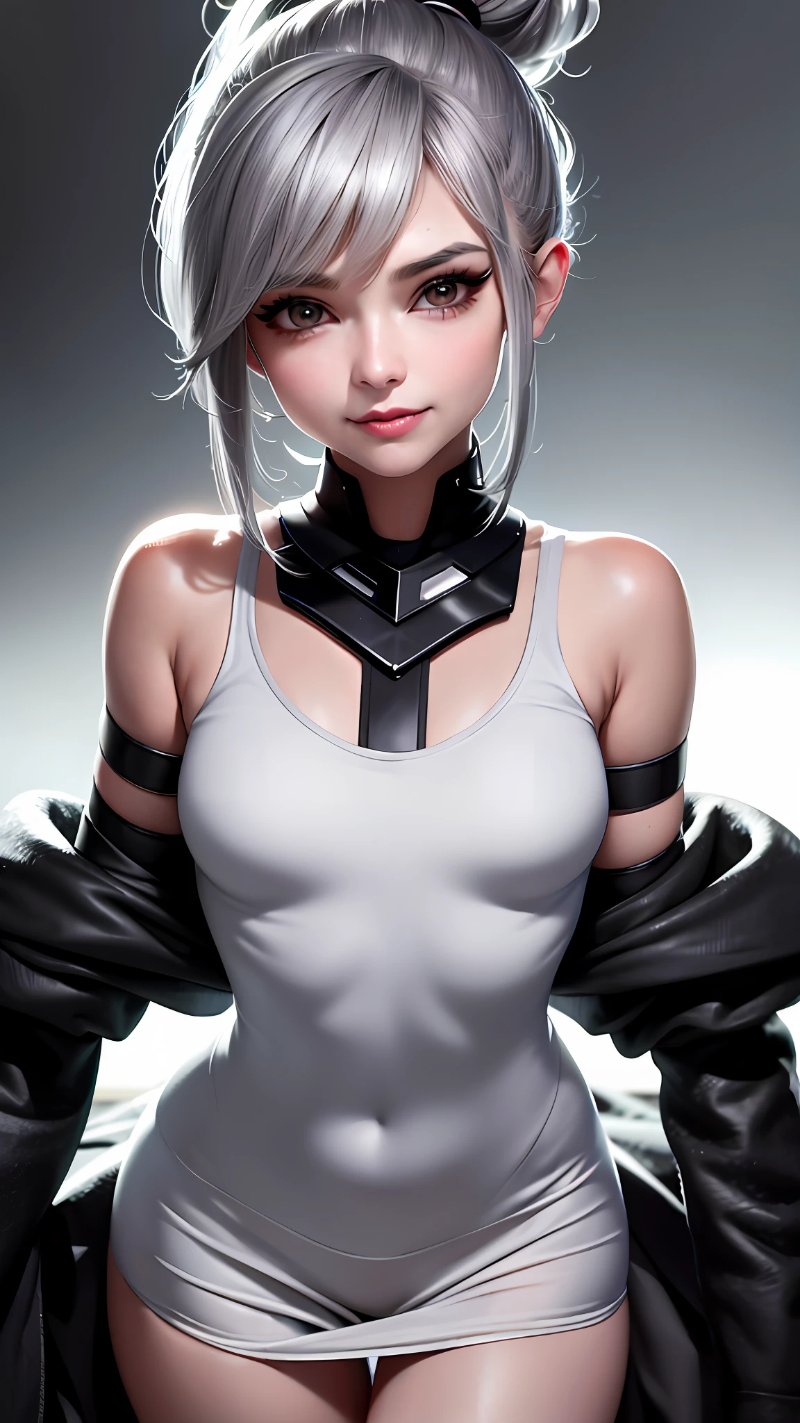 ((grey hair)), high ponytail,,heavy makeup, cute, technological sense,8k, best quality, masterpiece, illustration, an extremely delicate and beautiful, extremely detailed ,CG ,unity ,wallpaper, Amazing, finely detail, masterpiece,best quality,official art, extremely detailed CG unity 8k wallpaper,((smile)),tomboy,((Big eyes)),((perfect eyes)),highly detailed, sharp focus,rich background,loli, looking at viewer, breasts, blurry background, small breasts, bangs, bare shoulders, white dress, dress, realistic, in the cyberpunk city, strong rim light, in summer,