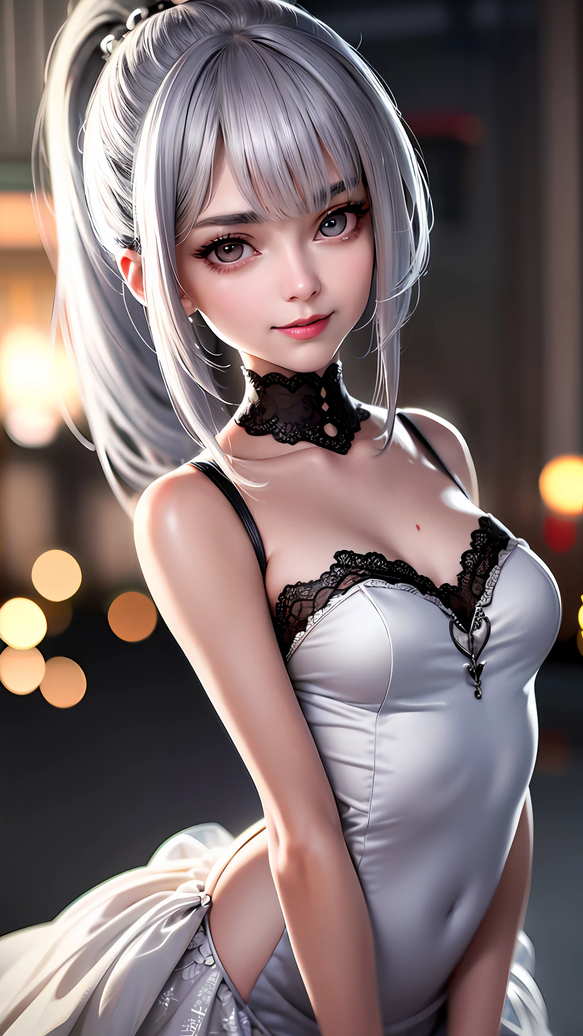 ((grey hair)), high ponytail,,heavy makeup, cute, technological sense,8k, best quality, masterpiece, illustration, an extremely delicate and beautiful, extremely detailed ,CG ,unity ,wallpaper, Amazing, finely detail, masterpiece,best quality,official art, extremely detailed CG unity 8k wallpaper,((smile)),tomboy,((Big eyes)),((perfect eyes)),highly detailed, sharp focus,rich background,loli, looking at viewer, breasts, blurry background, small breasts, bangs, bare shoulders, white dress, dress, realistic, in the cyberpunk city, strong rim light, in summer,