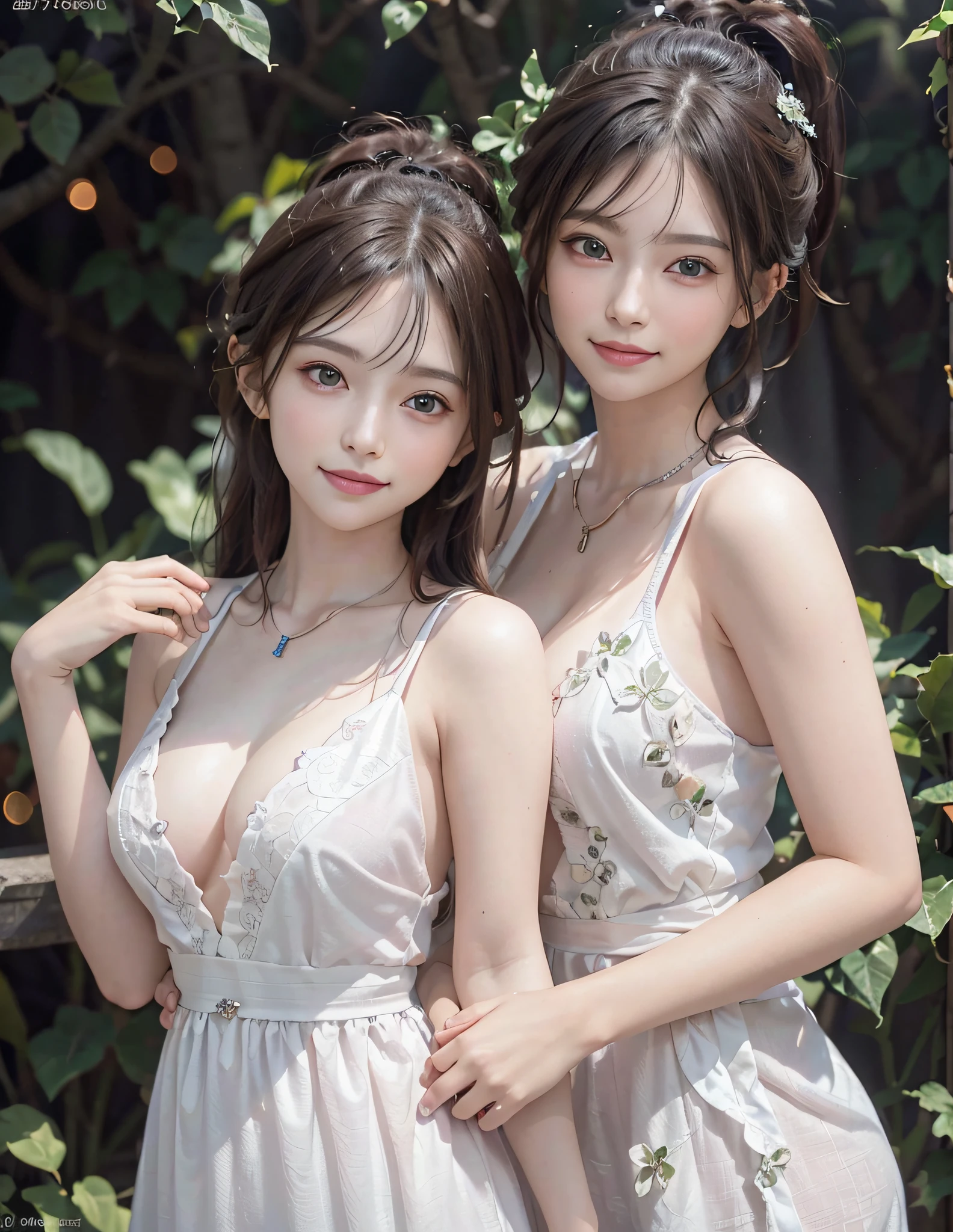 1girl, Solo, (((((SFW)))), 8K, RAW Photography, Best Quality, Masterpiece, High Definition RAW Color Photos, Professional Photos, (Realistic, Photorealistic: 1.37), (High Definition Skin: 1.2), High Resolution, Beautiful Detailed Eyes, (Hard Focus: 1.4), (Sharp Focus: 1.4), Photomatic, (8K UHD: 1.2), Shape Focus ( Amazingly wonderful, exquisitely fine, ultra-complex, super ultimate, super awesome detail: 1.4), high quality shadows, lip parting, slender face, bangs, ponytail, light green eye color, smiling detailed eyes, happy smile, suggestive (upper body), (depth of field)))), fair skin, 18 years old, (big breasts)), bokeh, lens flare, (vignette: 0.8), Dramatic Lighting, Cinematic Lighting, Backlight, Professional Lighting, Physically Based Rendering, ULZZANG-6500-v1.1, pureerosface_v1. intricate white dress, dark eyeliner, piercings, necklaces, bangles, blushing cheeks, look at the front,
