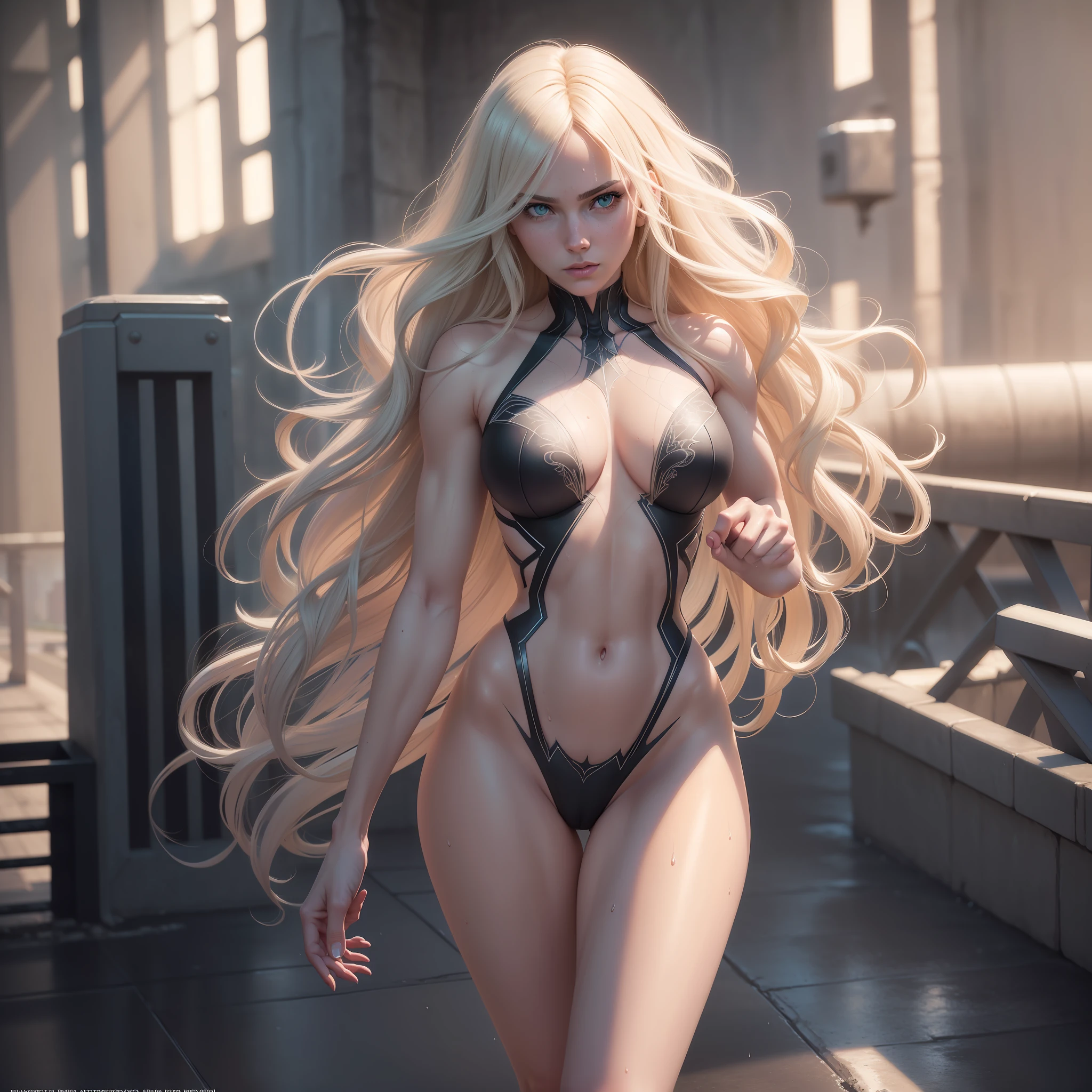 Full body portrait photo of 23 year old spidergwen, beautiful woman, semi-open strawberry lips, dimples, beautiful green eyes,wistful look, (long wavy blonde hair), ((detailed face)), ((detailed facial features)), (finely detailed skin), pale skin, (with a deep and highly detailed neckline) ,sexy ,dieselpunk environment ,spidergwen extremely detailed bodysuit, , (shirtless), ((on the road)), soft natural light,  wet skin,(cool colors), damp, reflections, (masterpiece) (perfect aspect ratio), (realistic photo), (best quality), (detailed) (cinematic lighting) (dramatic lighting) (sharp focus) (intricate), 8k uhd, dslr, high quality, extremely detailed, photorealistic, realistic, incredibly absurd, highly detailed, sharp focus, Dramatic lighting, Cinematic lighting,Soft natural lighting, Soft color, (Beautiful eyes), (Detailed eyes), (Detailed face), eyes symmetrical, sharp eyes, cold face, full body), (HIGH LEVEL OF DETAIL),(, (athletic body), (sweaty), thin waist, large breasts, , high detailed skin, uncharacterized texture, hyper detailed, realistic skin texture, armor, best quality, ultra high res, (photorealistic: 1.6) high resolution, detailed, raw photo, sharp and rich colors, hyper realistic texture, unreal engine dramatic lighting, veins on the body,  (fitness body).,waist very thin,slim