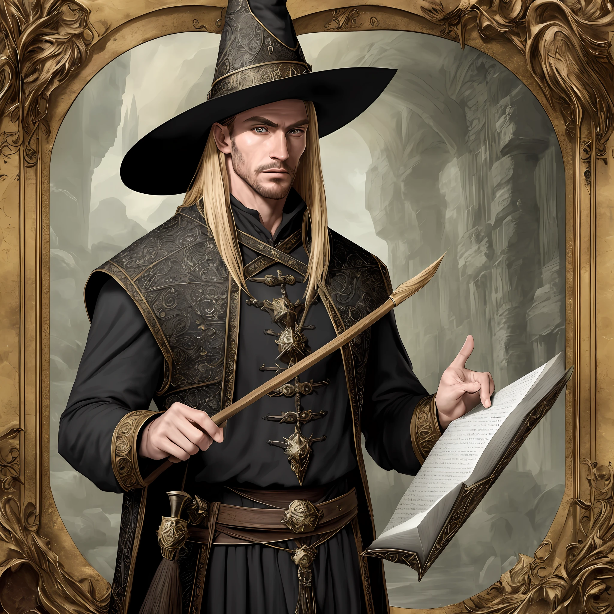 genmasterpiece, best quality, 1 male, adult, tall muscular, handsome, finely detailed eyes, intricate details, wizard, black hat with a pointed brim, broomstick with a carved handle, spellbook with a variety of spells, potion bottles with various ingredient