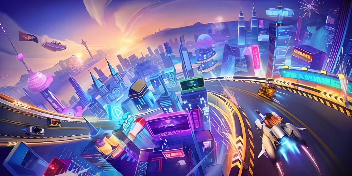 Cartoon game scene, Q version style, cute, bustling city, high-rise building, casino, slot, outdoor scene, starry sky, crazy zootopia style, animated movie scene, Disney, Pixar, concept art, surrealism, cinematic lighting, atmospheric perspective, UHD, high quality, masterpiece