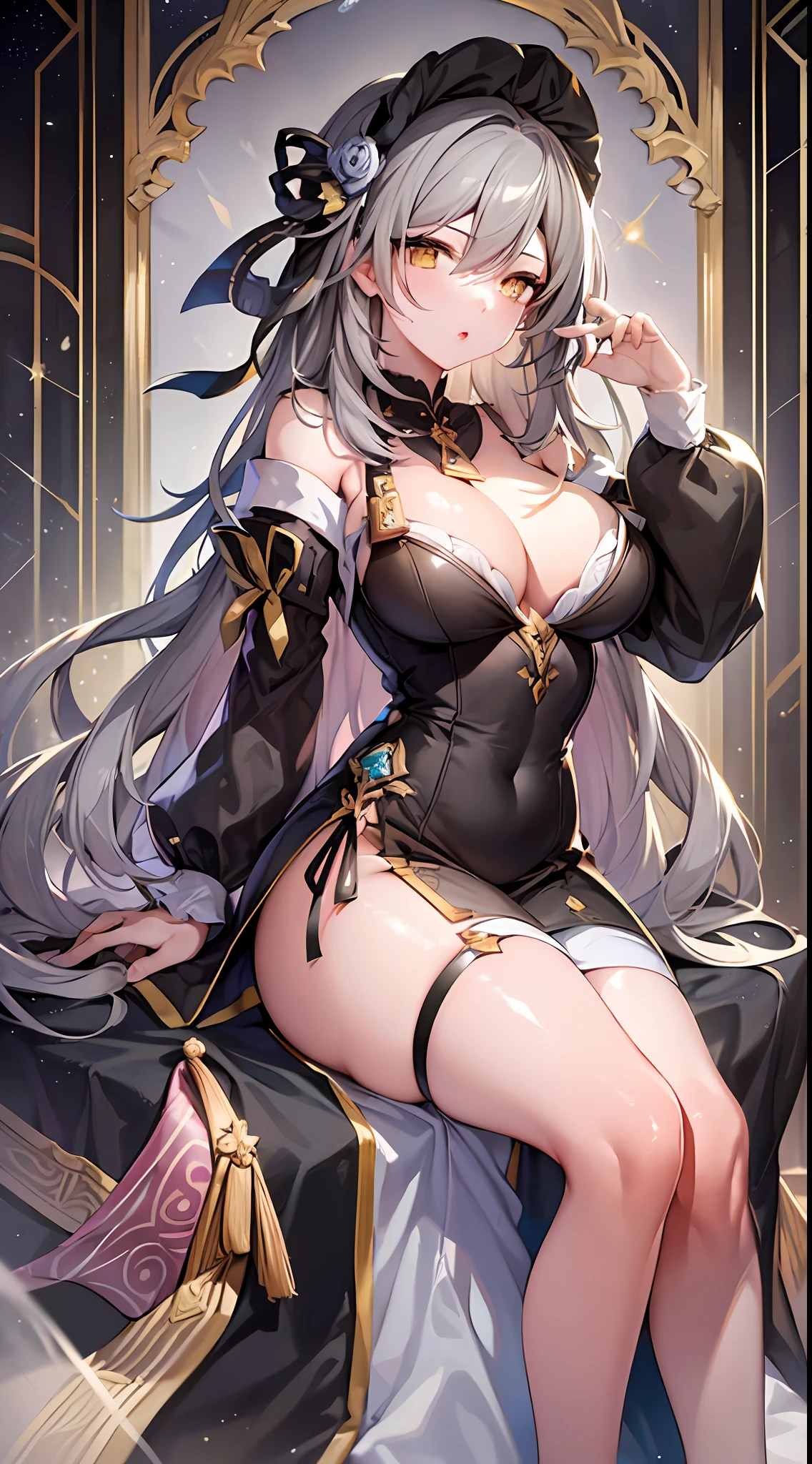 masterpiece, best quality, highy resolution, 1girl, solo, Trailblazer (Honkai Star Rail), gray hair, long hair, huge lips, pink lips, elegant victorian dress, color vine dress, big breasts, androgynous, captivating, attractive, gorgeus, smooth, shiny skin, full body