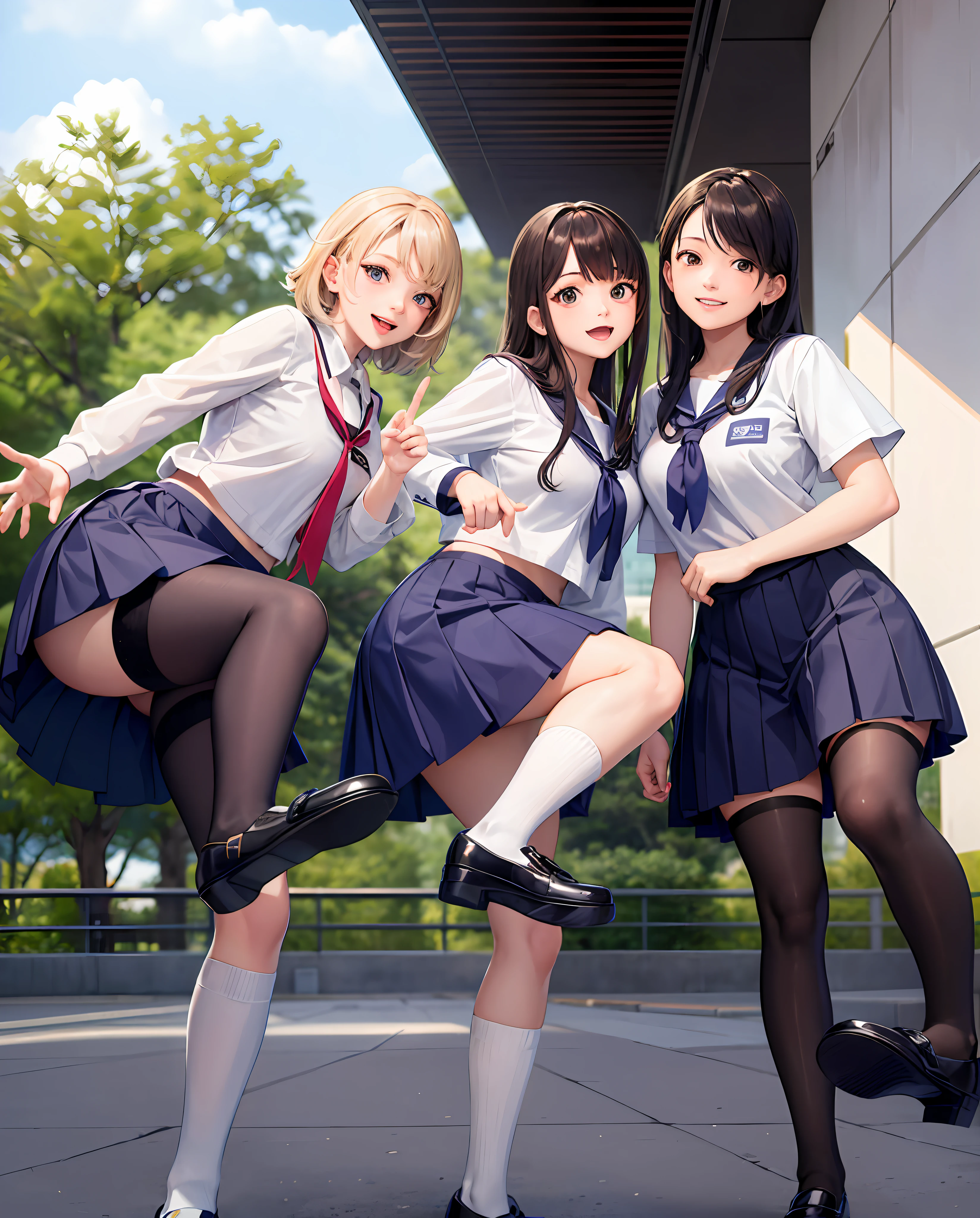three girls in school uniforms posing for a picture, seifuku, japanese school uniform, wearing japanese school uniform, wearing school uniform, japanese girl school uniform, japanese high school, jk uniform, wearing a school uniform, high school girls, two japanese schoolgirls posing, wearing skirt and high socks, kantai collection style, trending on cgstation, young gravure idol