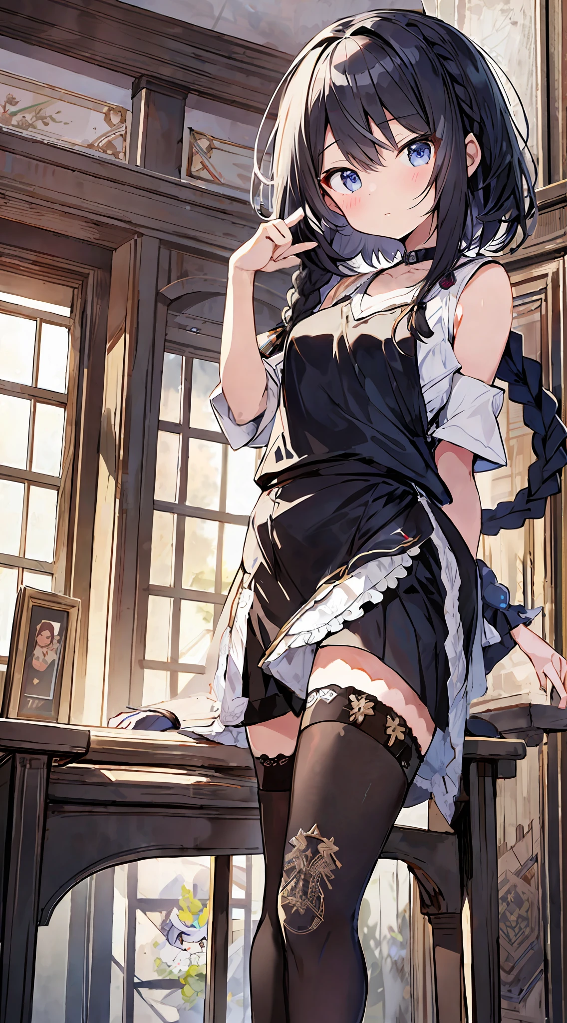 Anime girl sitting on table, maid outfit, anime girl in maid costume, Kantai collection style, gorgeous maid, Azure lane style, Azure lane video game, Kushat Krenzky art feminine, girls frontline, highly detailed official artwork, fine details. Girls Frontline, Anime Moe Art Style, Maid Dresses