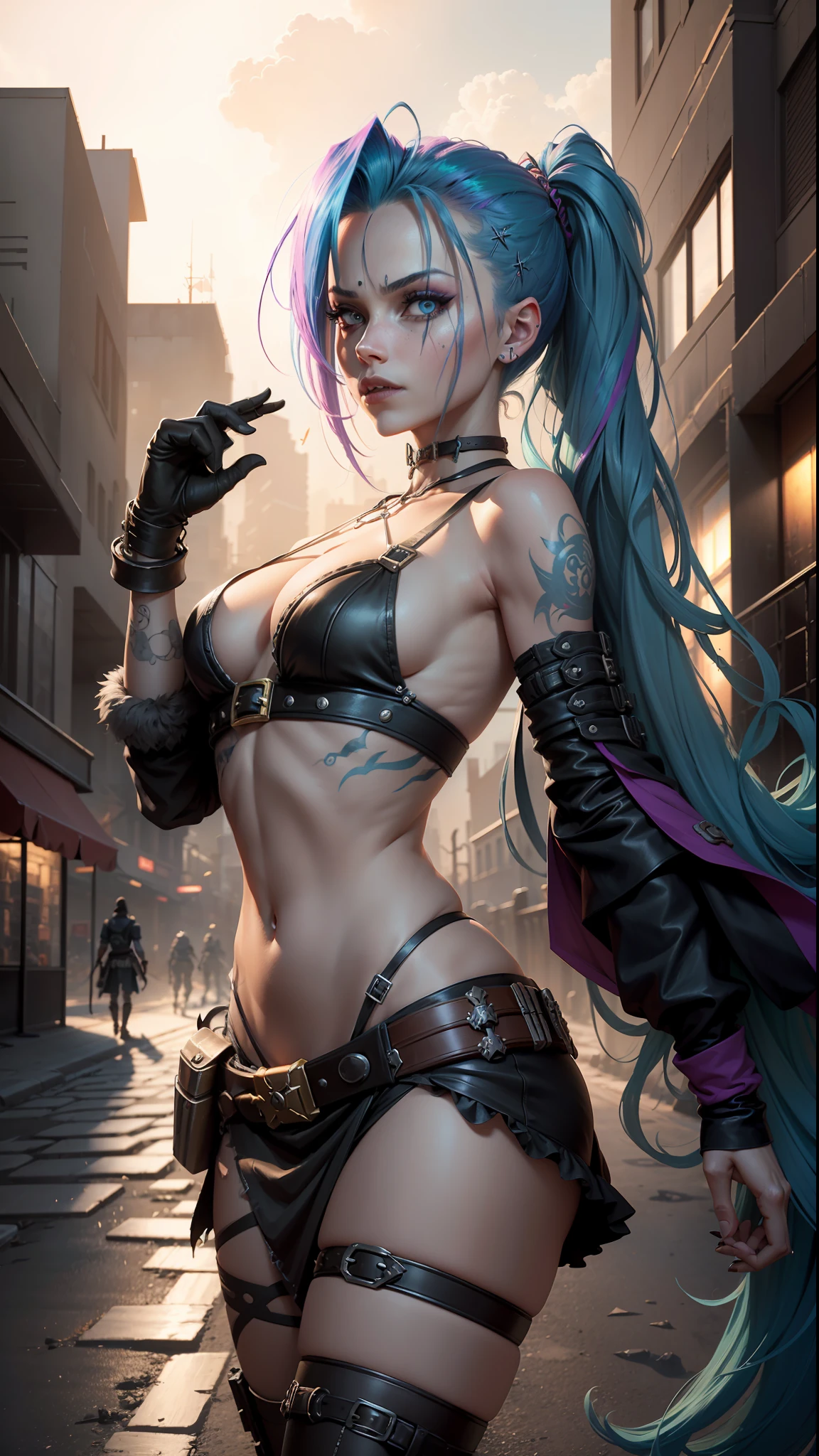 ((Best quality)), ((masterpiece)), (highly detailed:1.3), 3D, arcane style,In the dark and gritty dystopian city Piltover, plagued by violence and divided into two opposing factions, a young prodigy named Jinx emerges. Having endured unimaginable loss and abandonment, she has embraced a life of chaos and destruction. Known for her inventive and explosive abilities, Jinx becomes an icon of rebellion against the oppressive forces controlling the city. However, haunted by guilt and battling inner demons, she must confront her past and decide whether to continue down the path of anarchy or seek redemption amidst the turmoil. Explore the journey of Jinx as she navigates a treacherous world, fighting for survival, unraveling secrets, and discovering the true meaning of her twisted existencechaos reigns supreme, and at the heart of it all is Jinx, the embodiment of unpredictability. Delve deep into the twisted mind of Jinx, exploring the origins of her madness and the driving force behind her destructive nature. Unveil the moments that shaped her into the deranged and iconic character we know. Take us on a wild journey through the vibrant streets of Piltover and the grim underbelly of Zaun as Jinx wreaks havoc with her explosive arsenal. Can redemption ever find its way into Jinx's fractured soul? Or will she forever dance on the edge of sanity, embracing the chaos that fuels her very existence? The fate of Arcane hangs in the balance as Jinx's path intertwines with unlikely allies and formidable foes. Ignite your imagination and paint a vivid portrait of Jinx's twisted psyche, capturing the essence of her madness and the untamed spirit that defines her,HDR (High Dynamic Range),Ray Tracing,NVIDIA RTX,Super-Resolution,Unreal 5,Subsurface scattering,PBR Texturing,Post-processing,Anisotropic Filtering,Depth-of-field,Maximum clarity and sharpness,Multi-layered textures,Albedo and Specular maps,Surface shading,Accurate simulation of light-material interaction,Perfect proportion