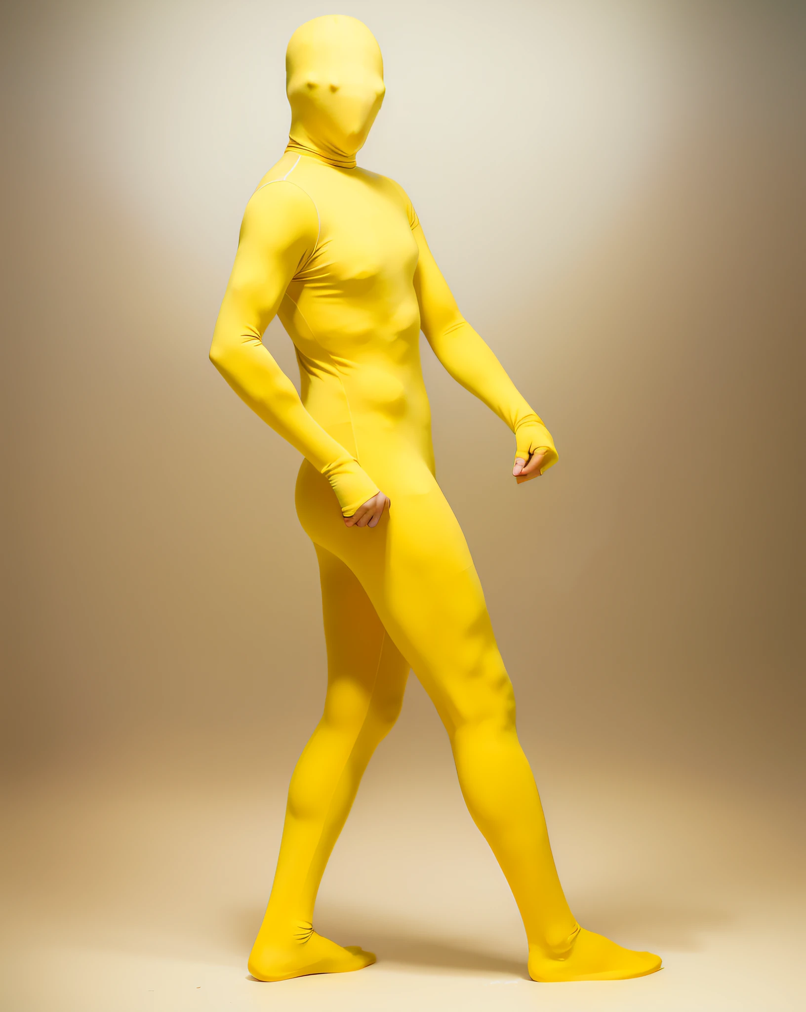 Man in yellow bodysuit walking, man in yellow full body suit, zentai suit, yellow leotard costume, skin tight suit, bodysuit, lycra costume, tight full body suit, full bodysuit, yellow leotard costume, spandex suit, yellow body close up