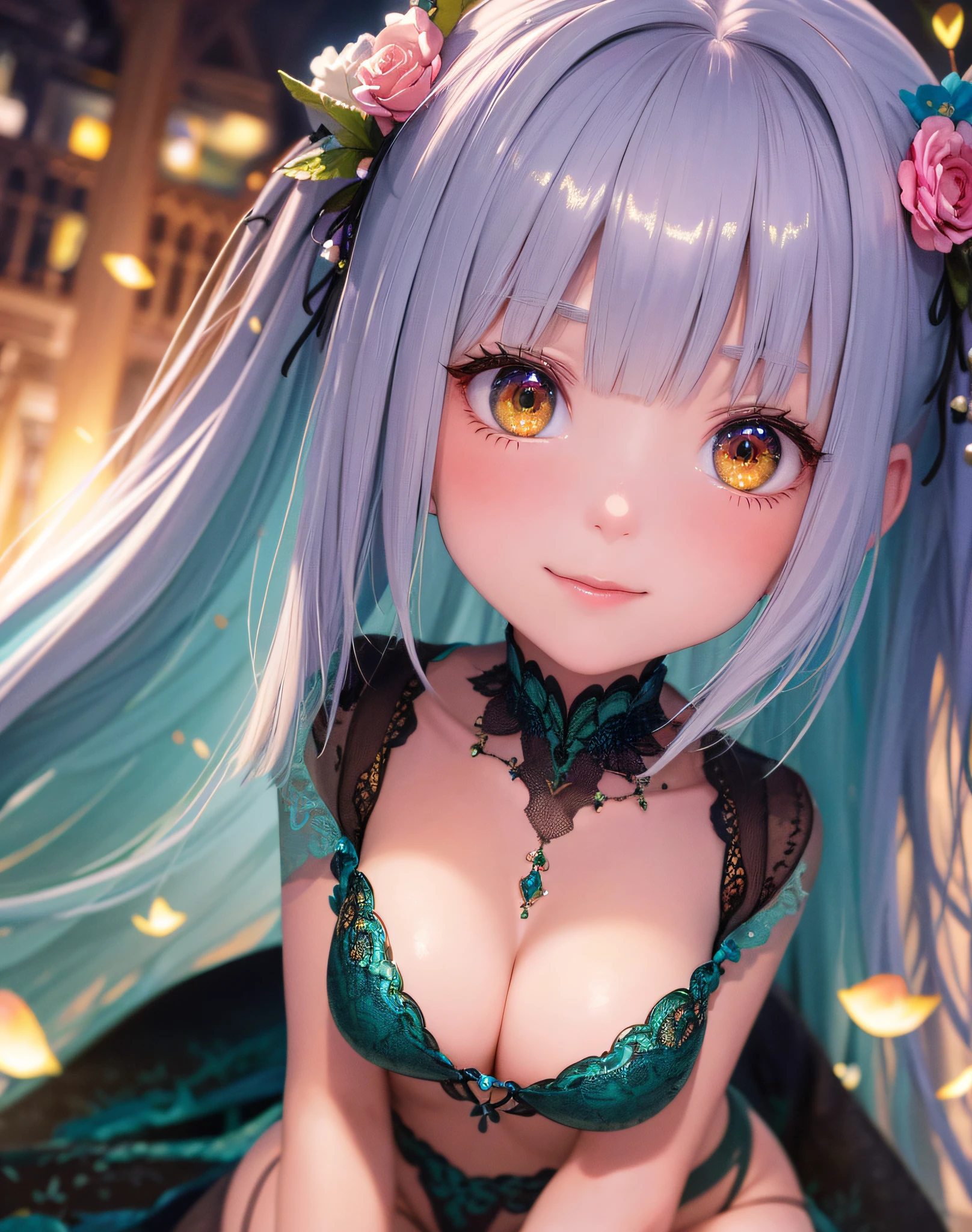 The picture is like a high-definition panoramic CG picture, jewel-like eyes, real smooth skin, and 18K close-up to show perfect details. Cute girl busts, rainbow tones, global illumination and soft light create a dreamy atmosphere. The digital painting 8K blockbuster presents a fantasy night sky garden, with colorful fireflies dancing in the light mist, blooming beautifully.