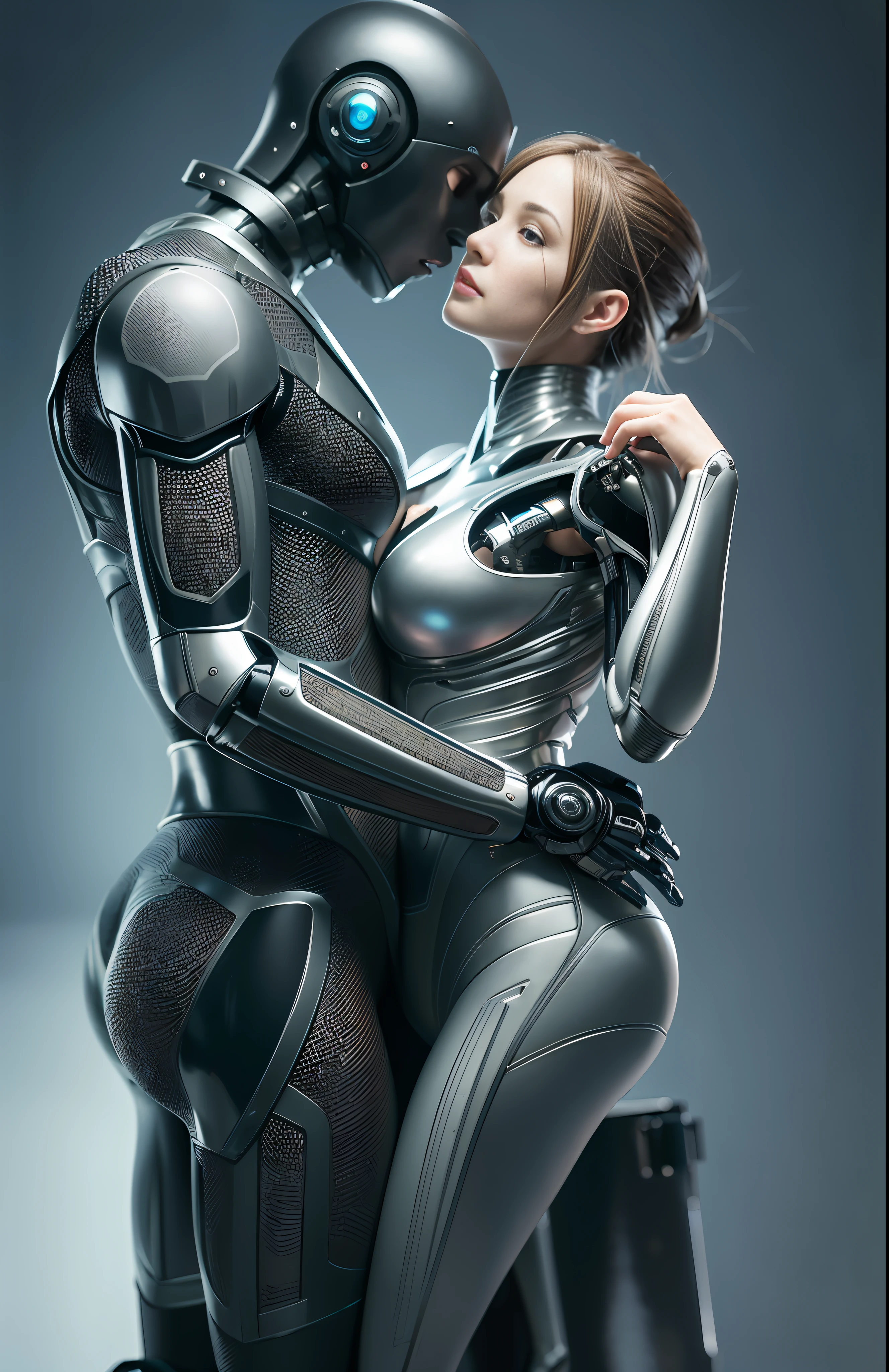 A 25 year old realistic real man in jacket clothes and a female robot passionately lingering hugging and kissing, complex 3d rendering very detailed beautiful ceramic silhouette female robot face, robot, robot parts, 150mm, beautiful studio soft light, edge light, vibrant details, luxurious cyberpunk, lace, surrealism, ???????, facial muscles, cable wire, microchip, elegant, beautiful background, octane rendering, HR Giger style, 8k, best quality, masterpiece, illustration, very refined and beautiful, very detailed, CG, unified, wallpaper, (realism, realism: 1.37), amazing, fine detail, masterpiece, best quality, full body,