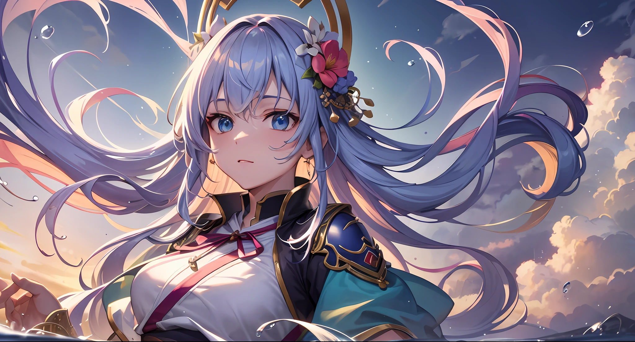 displaying the best quality and high resolution in an otherworldly, floating composition. The character is captured in a dynamic pose, with stunning blue eyes and multicolored hair in shades of silver, red, purple, yellow, and green. she is dressed in a beautiful white wuxia outfit, complete with a neck ribbon, and surrounded by a serene yet vibrant environment that is bathed in twilight hues. The wide shot showcases the incredible level of detail, with too many drops of water and dreamy clouds creating a watercolor-like effect,,((masterpiece, best quality)),extremely detailed, trending on artstation, trending on CGsociety, Intricate, High Detail, dramatic, art by midjourney,(extremely detailed CG unity 8k wallpaper,masterpiece, best quality, ultra-detailed),dynamic light,masterpiece, best quality, high quality, extremely detailed CG unity 8k wallpaper,award winning