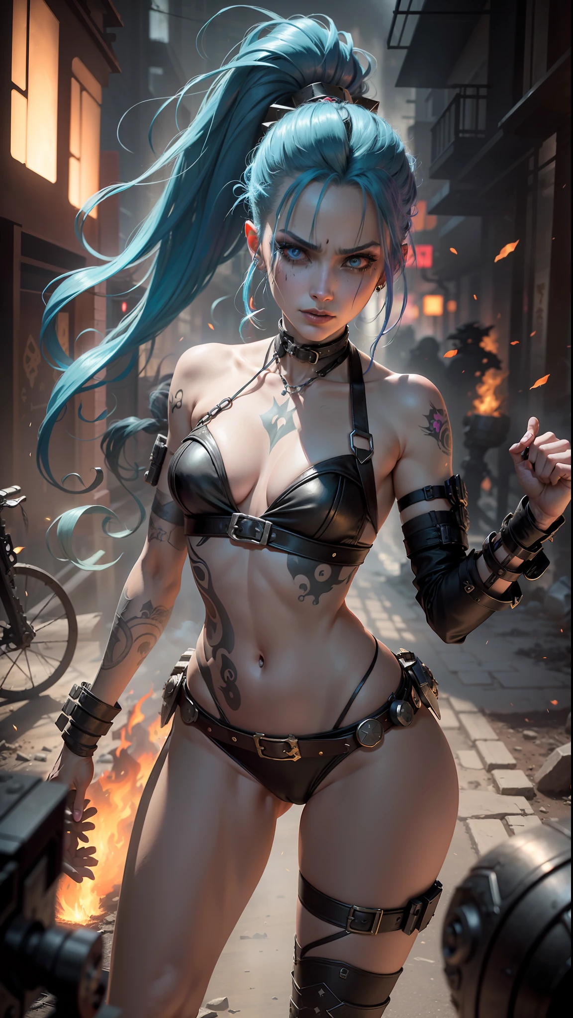 ((Best quality)), ((masterpiece)), (highly detailed:1.3), 3D, arcane style,In the dark and gritty dystopian city Piltover, plagued by violence and divided into two opposing factions, a young prodigy named Jinx emerges. Having endured unimaginable loss and abandonment, she has embraced a life of chaos and destruction. Known for her inventive and explosive abilities, Jinx becomes an icon of rebellion against the oppressive forces controlling the city. However, haunted by guilt and battling inner demons, she must confront her past and decide whether to continue down the path of anarchy or seek redemption amidst the turmoil. Explore the journey of Jinx as she navigates a treacherous world, fighting for survival, unraveling secrets, and discovering the true meaning of her twisted existencechaos reigns supreme, and at the heart of it all is Jinx, the embodiment of unpredictability. Delve deep into the twisted mind of Jinx, exploring the origins of her madness and the driving force behind her destructive nature. Unveil the moments that shaped her into the deranged and iconic character we know. Take us on a wild journey through the vibrant streets of Piltover and the grim underbelly of Zaun as Jinx wreaks havoc with her explosive arsenal. Can redemption ever find its way into Jinx's fractured soul? Or will she forever dance on the edge of sanity, embracing the chaos that fuels her very existence? The fate of Arcane hangs in the balance as Jinx's path intertwines with unlikely allies and formidable foes. Ignite your imagination and paint a vivid portrait of Jinx's twisted psyche, capturing the essence of her madness and the untamed spirit that defines her,HDR (High Dynamic Range),Ray Tracing,NVIDIA RTX,Super-Resolution,Unreal 5,Subsurface scattering,PBR Texturing,Post-processing,Anisotropic Filtering,Depth-of-field,Maximum clarity and sharpness,Multi-layered textures,Albedo and Specular maps,Surface shading,Accurate simulation of light-material interaction,Perfect proportion