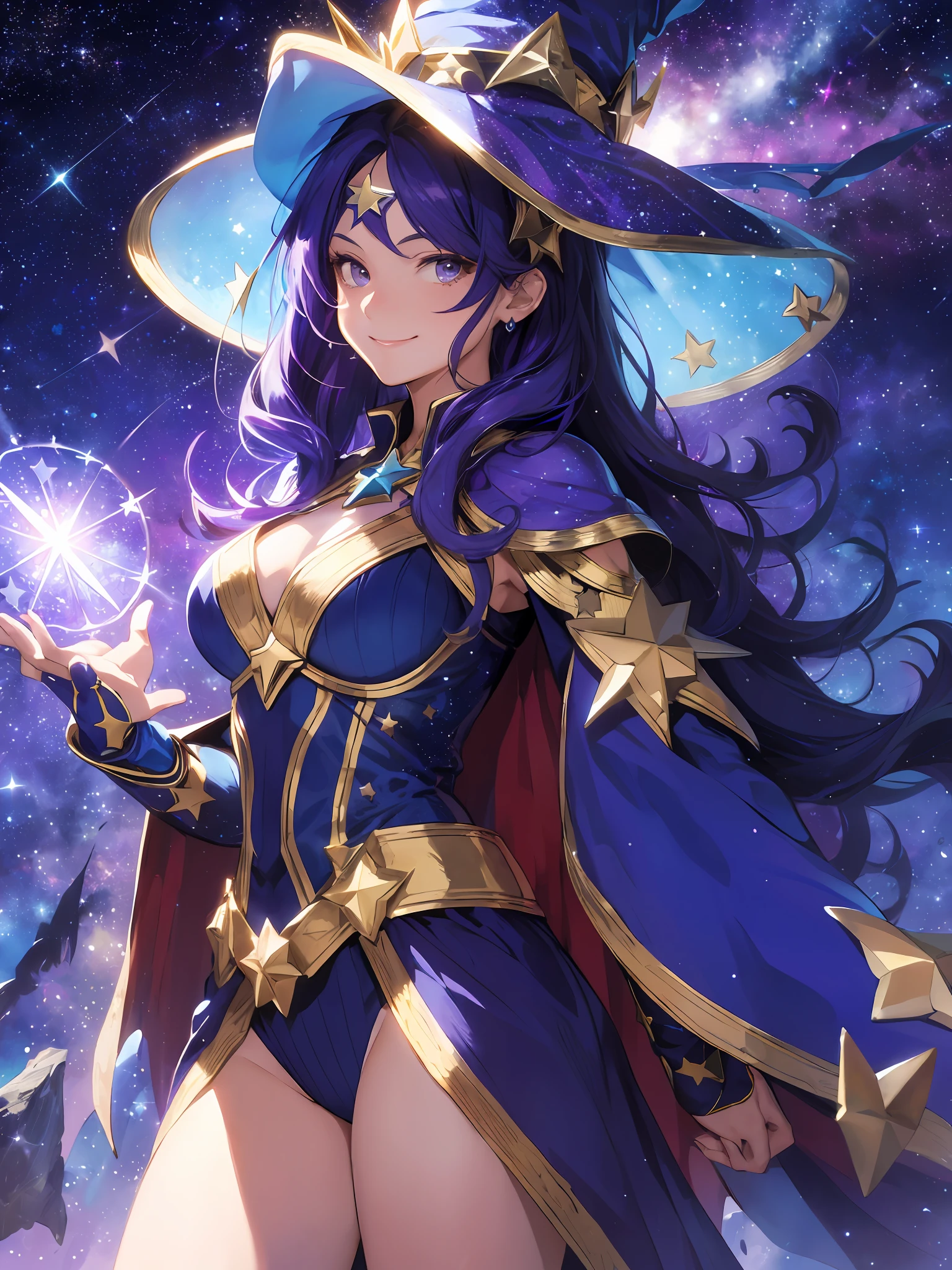 a super heroine with a heroic pose, HD, (Smiling), (Design of her costume related to the stars), (design of her cape with stars), starry sky in the background, Artwork, Magestuous, Beautiful, (purple and blue hair), long hair, ((Design of her costume inspired by a magician)), ((Wizard hat on her head)), (Casting a spell), Cosmic Power