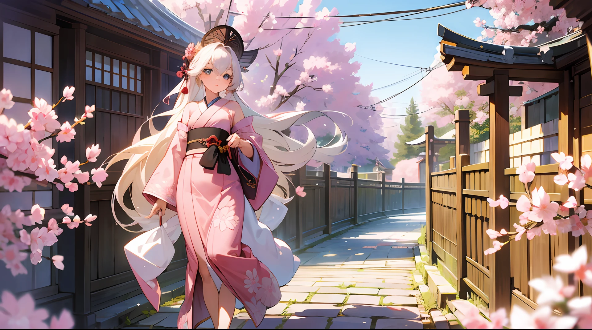 full body,full shot,sfw,beautiful russian: 2 girl in the image of geisha with big bright blue eyes and long fluffy eyelashes of Nordic type with perfect graceful figure and very long and fluffy wavy wheat-colored hair stands full-length on the alley on the background of blooming Japanese pink sakura wearing Japanese kimono and Japanese gate shoes, girl's kimono is lacy with intricate patterns, Little ????? with bulges shines through, the ground where the girl is standing is strewn with sakura petals, the scene is highly artistic, high resolution, clear focus, artistic style Migjorni-V5, hyperphotorealism, perfect proportions, golden ratio, highlight, outline, sunlight, soft glow, soft focus, photography style Monocle --auto --s2