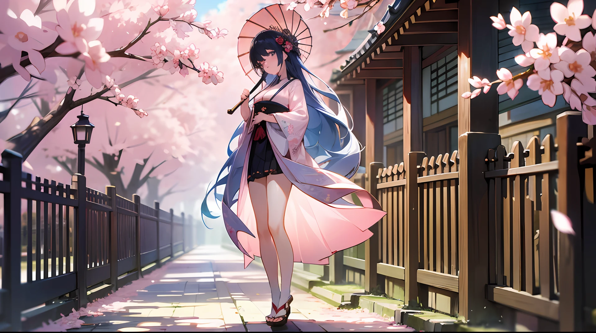 full body,full shot,sfw,beautiful russian: 2 girl in the image of geisha with big bright blue eyes and long fluffy eyelashes of Nordic type with perfect graceful figure and very long and fluffy wavy wheat-colored hair stands full-length on the alley on the background of blooming Japanese pink sakura wearing Japanese kimono and Japanese gate shoes, girl's kimono is lacy with intricate patterns, Little bosom with bulges shines through, the ground where the girl is standing is strewn with sakura petals, the scene is highly artistic, high resolution, clear focus, artistic style Migjorni-V5, hyperphotorealism, perfect proportions, golden ratio, highlight, outline, sunlight, soft glow, soft focus, photography style Monocle --auto --s2