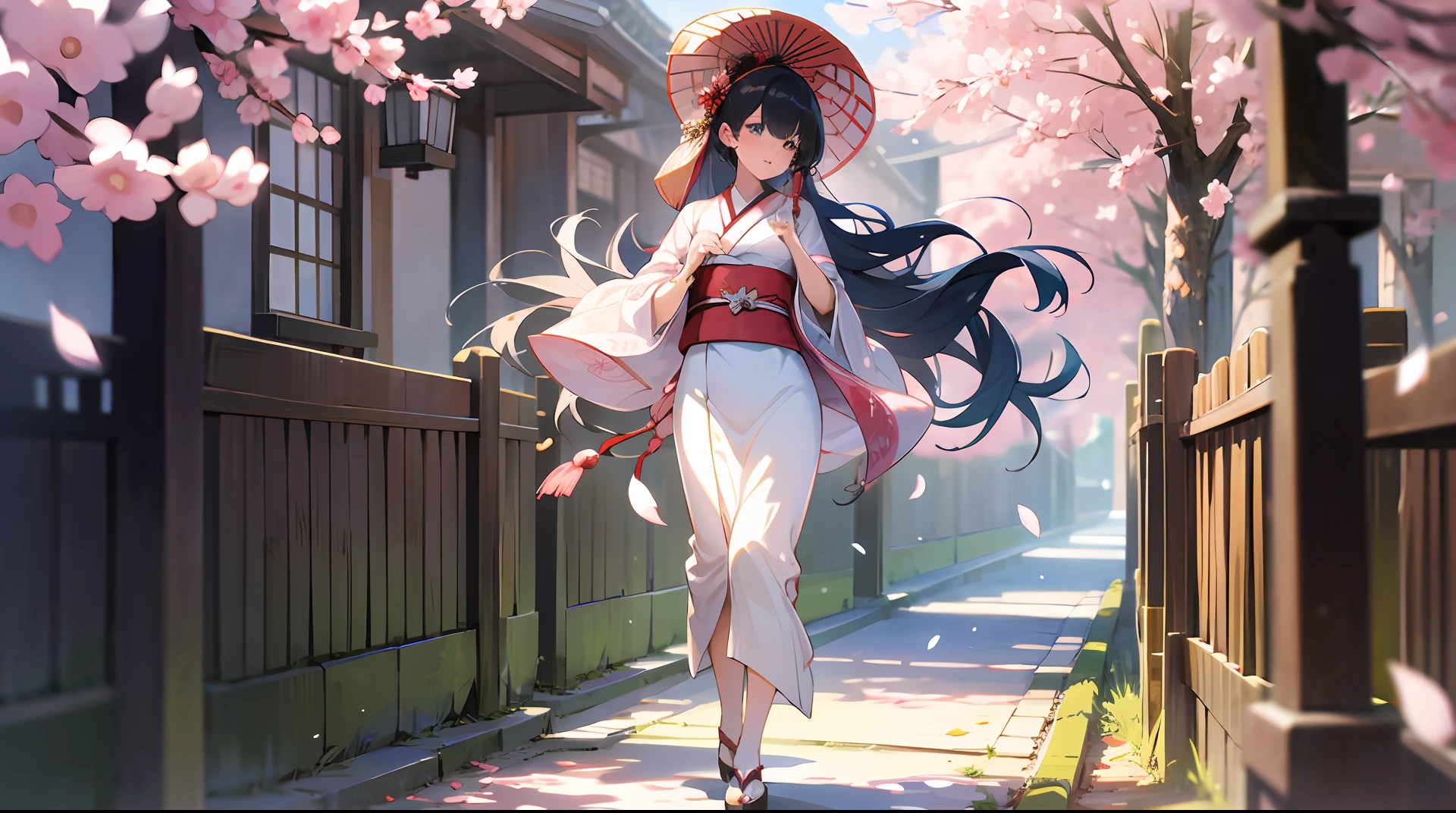 full body,full shot,sfw,beautiful russian: 2 girl in the image of geisha with big bright blue eyes and long fluffy eyelashes of Nordic type with perfect graceful figure and very long and fluffy wavy wheat-colored hair stands full-length on the alley on the background of blooming Japanese pink sakura wearing Japanese kimono and Japanese gate shoes, girl's kimono is lacy with intricate patterns, Little bosom with bulges shines through, the ground where the girl is standing is strewn with sakura petals, the scene is highly artistic, high resolution, clear focus, artistic style Migjorni-V5, hyperphotorealism, perfect proportions, golden ratio, highlight, outline, sunlight, soft glow, soft focus, photography style Monocle --auto --s2