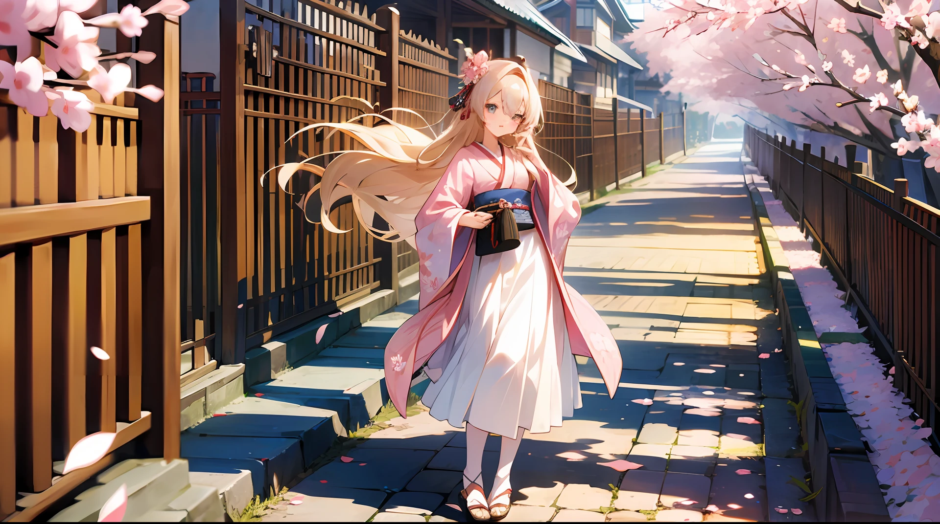 full body,full shot,sfw,beautiful russian: 2 girl in the image of geisha with big bright blue eyes and long fluffy eyelashes of Nordic type with perfect graceful figure and very long and fluffy wavy wheat-colored hair stands full-length on the alley on the background of blooming Japanese pink sakura wearing Japanese kimono and Japanese gate shoes, girl's kimono is lacy with intricate patterns, Little bosom with bulges shines through, the ground where the girl is standing is strewn with sakura petals, the scene is highly artistic, high resolution, clear focus, artistic style Migjorni-V5, hyperphotorealism, perfect proportions, golden ratio, highlight, outline, sunlight, soft glow, soft focus, photography style Monocle --auto --s2