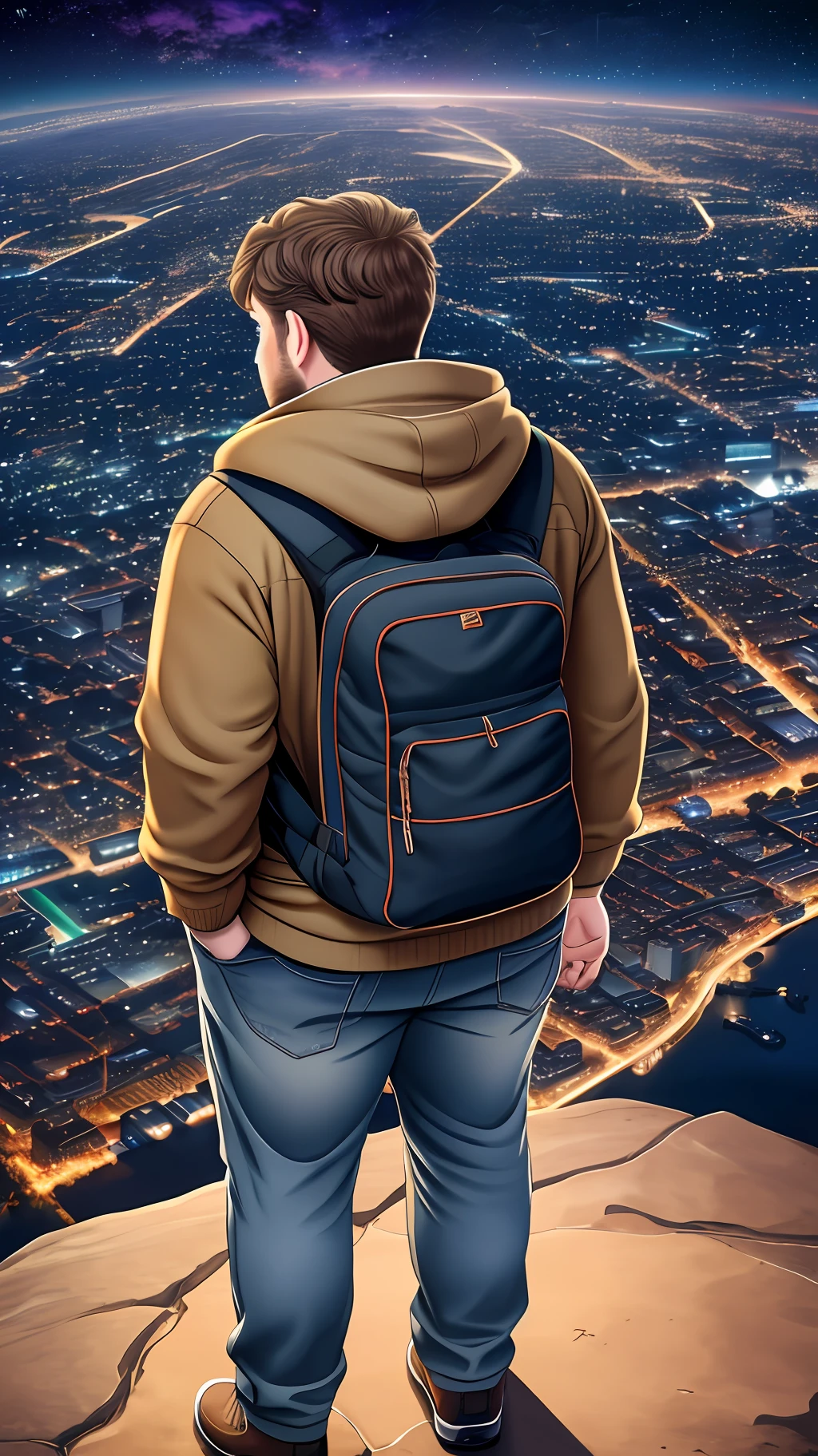 Realistic photograph of 1 overweight man. Seen from the back, from the top of a mountain, at night, observes the night sky, starry and the lights of a city on the horizon., brown hair, dilated pupils, eyebrows behind hair, high detail, Fujicolor, 16k, UHD, UHD, best quality, retina