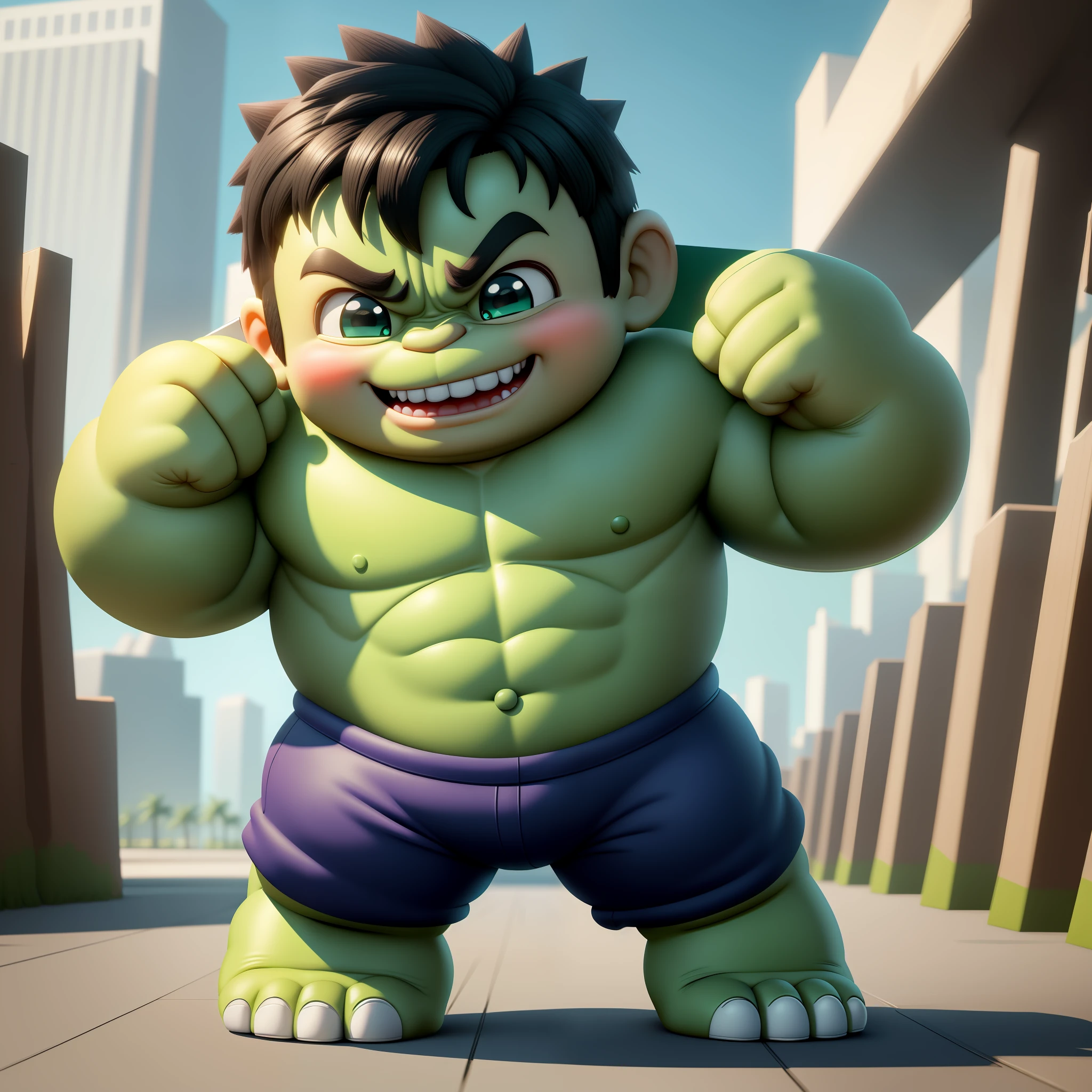 /imagine hulk holding a sign, disney style , chibi. whole body. cute. smiling. unreal. engine. detailed, ultra high definition. 8k. --q 1