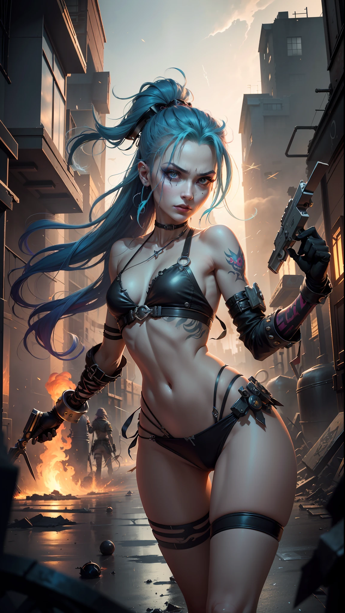 ((Best quality)), ((masterpiece)), (highly detailed:1.3), 3D, arcane style,In the dark and gritty dystopian city Piltover, plagued by violence and divided into two opposing factions, a young prodigy named Jinx emerges. Having endured unimaginable loss and abandonment, she has embraced a life of chaos and destruction. Known for her inventive and explosive abilities, Jinx becomes an icon of rebellion against the oppressive forces controlling the city. However, haunted by guilt and battling inner demons, she must confront her past and decide whether to continue down the path of anarchy or seek redemption amidst the turmoil. Explore the journey of Jinx as she navigates a treacherous world, fighting for survival, unraveling secrets, and discovering the true meaning of her twisted existencechaos reigns supreme, and at the heart of it all is Jinx, the embodiment of unpredictability. Delve deep into the twisted mind of Jinx, exploring the origins of her madness and the driving force behind her destructive nature. Unveil the moments that shaped her into the deranged and iconic character we know. Take us on a wild journey through the vibrant streets of Piltover and the grim underbelly of Zaun as Jinx wreaks havoc with her explosive arsenal. Can redemption ever find its way into Jinx's fractured soul? Or will she forever dance on the edge of sanity, embracing the chaos that fuels her very existence? The fate of Arcane hangs in the balance as Jinx's path intertwines with unlikely allies and formidable foes. Ignite your imagination and paint a vivid portrait of Jinx's twisted psyche, capturing the essence of her madness and the untamed spirit that defines her,HDR (High Dynamic Range),Ray Tracing,NVIDIA RTX,Super-Resolution,Unreal 5,Subsurface scattering,PBR Texturing,Post-processing,Anisotropic Filtering,Depth-of-field,Maximum clarity and sharpness,Multi-layered textures,Albedo and Specular maps,Surface shading,Accurate simulation of light-material interaction,Perfect proportion